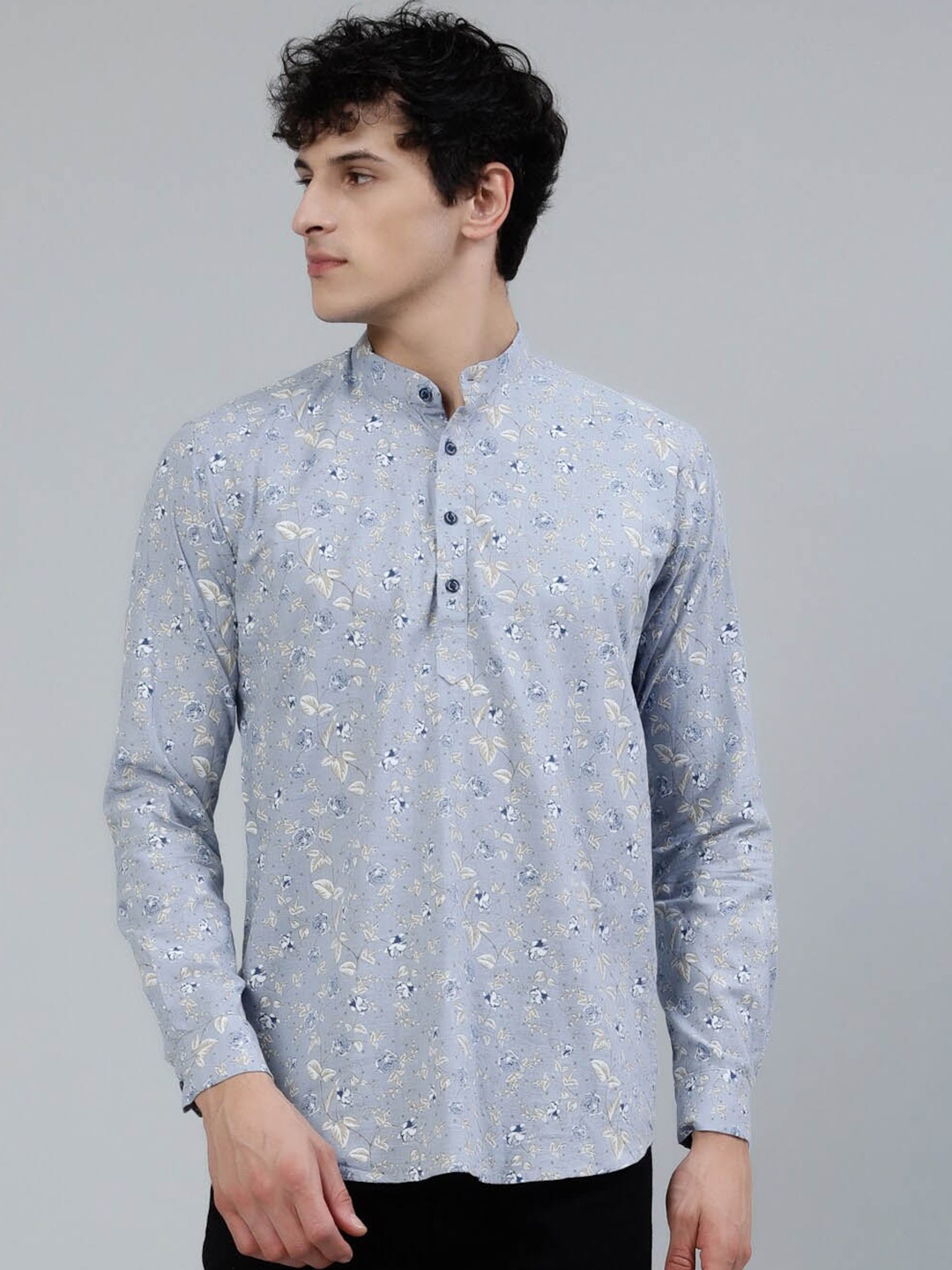 

JADEBERRY Standard Floral Printed Band Collar Cotton Casual Shirt, Blue