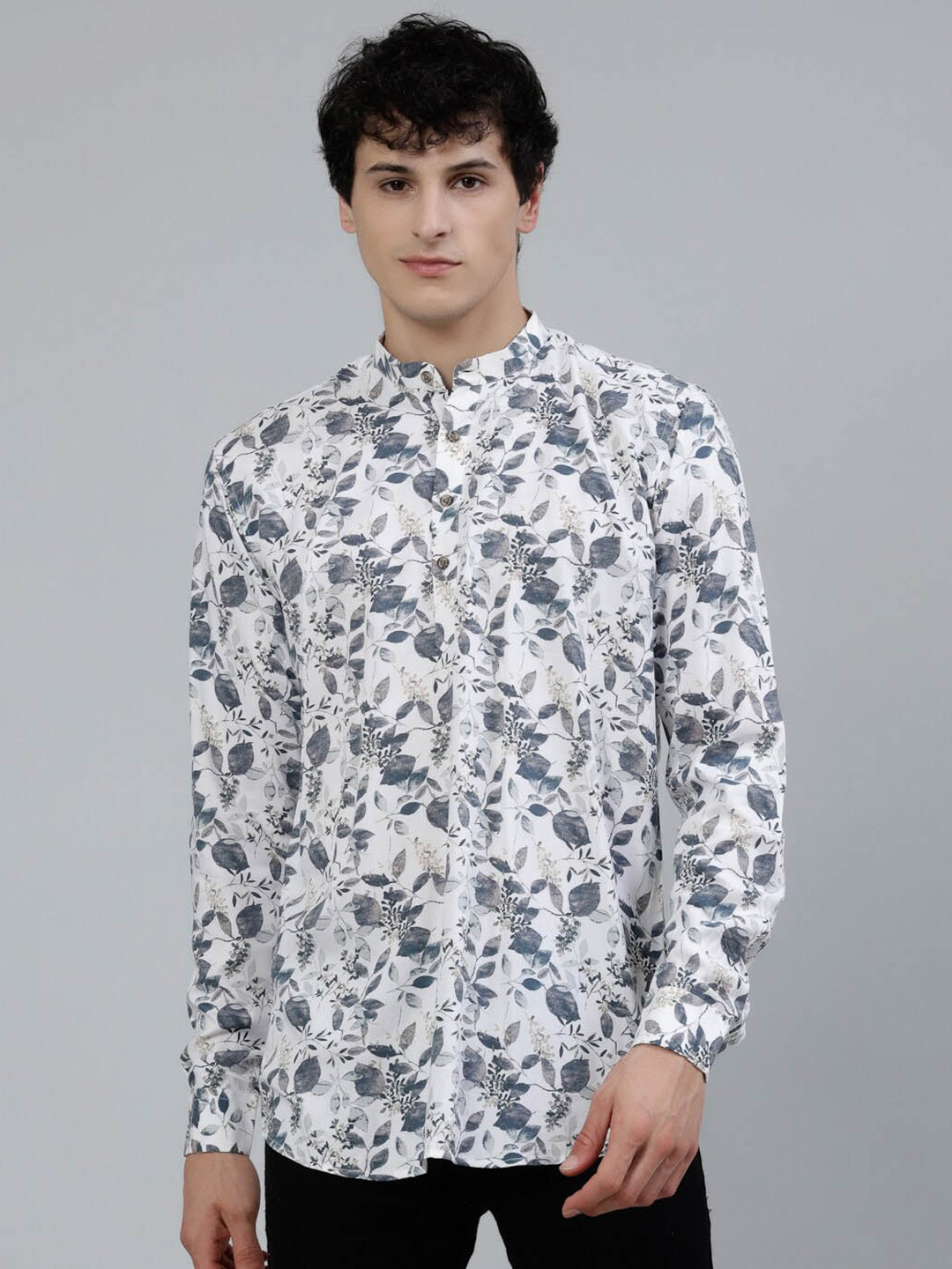 

JADEBERRY Standard Floral Printed Band Collar Cotton Casual Shirt, Green