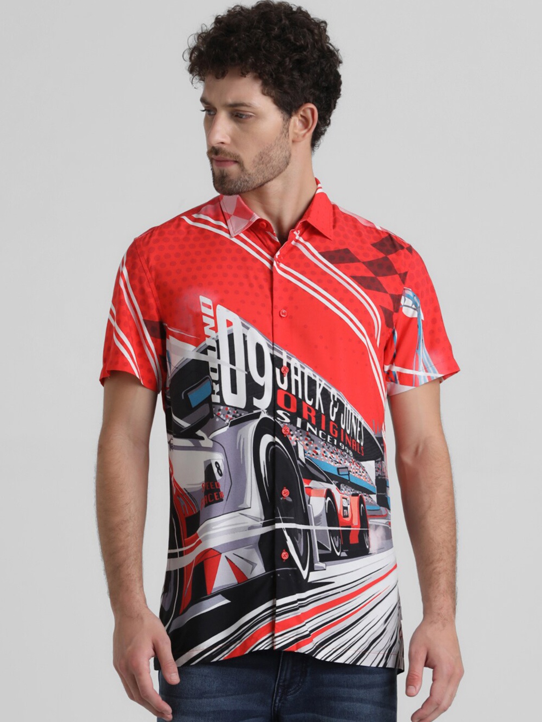 

Jack & Jones Graphic Printed Spread Collar Casual Shirt, Red