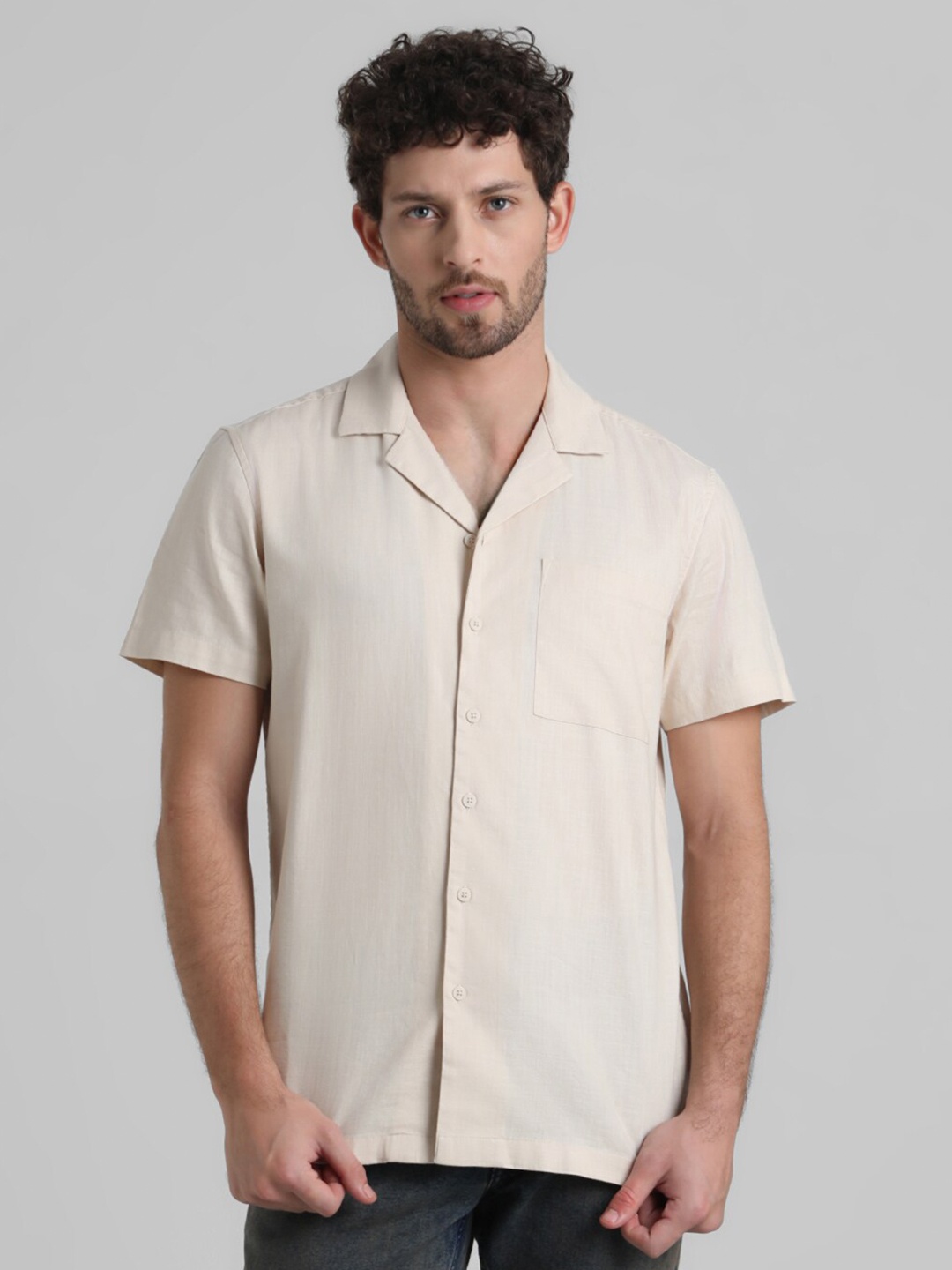 

Jack & Jones Notch Lapel Collar Pure Cotton Casual Shirt, Beige
