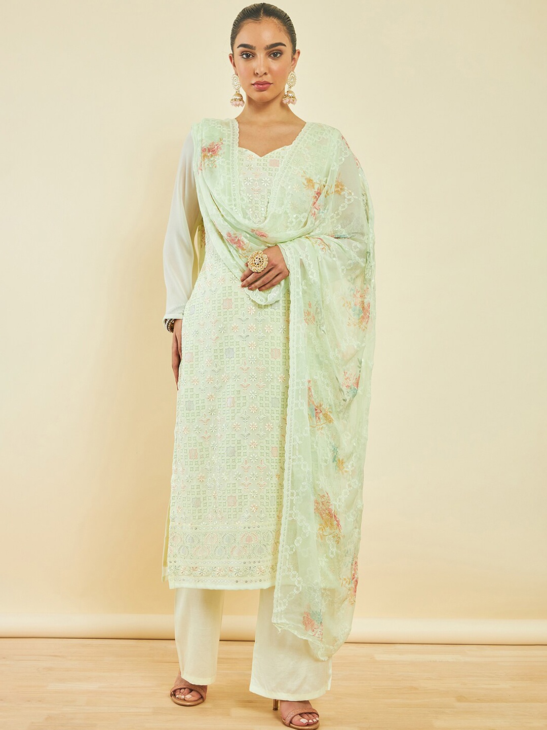 

Soch Light Yellow Floral Embroidered Sequinned Unstitched Dress Material, Sea green