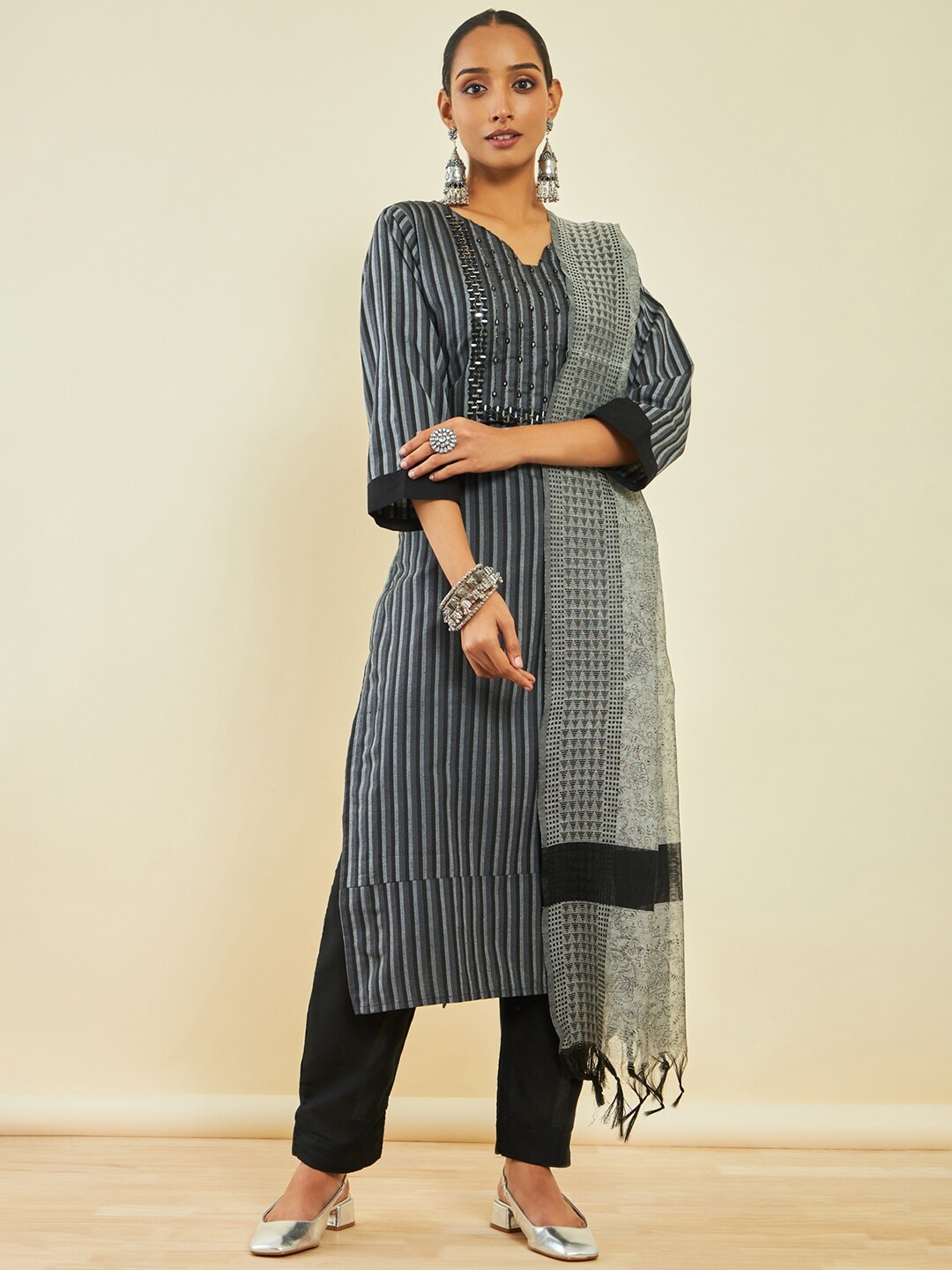 

Soch Striped Mirror Work Pure Cotton Unstitched Dress Material, Black