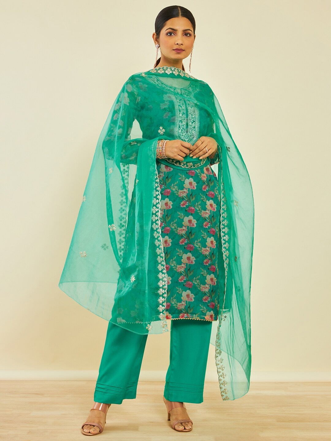 

Soch Teal Floral Printed Organza Unstitched Dress Material