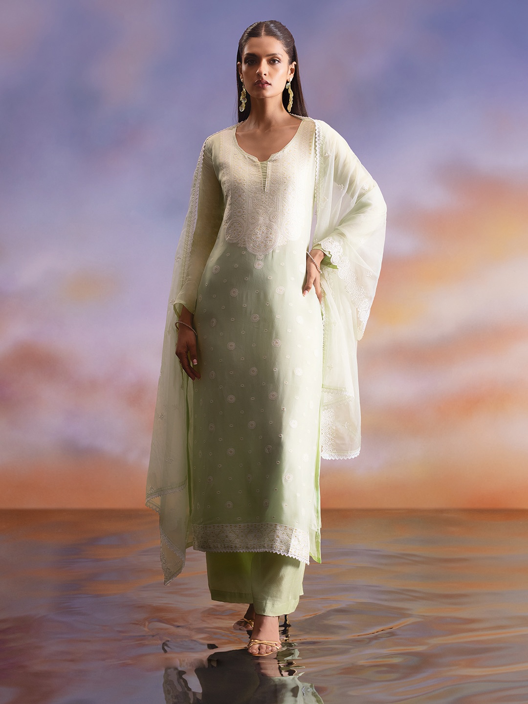 

Soch Green & White Embroidered Organza Unstitched Dress Material