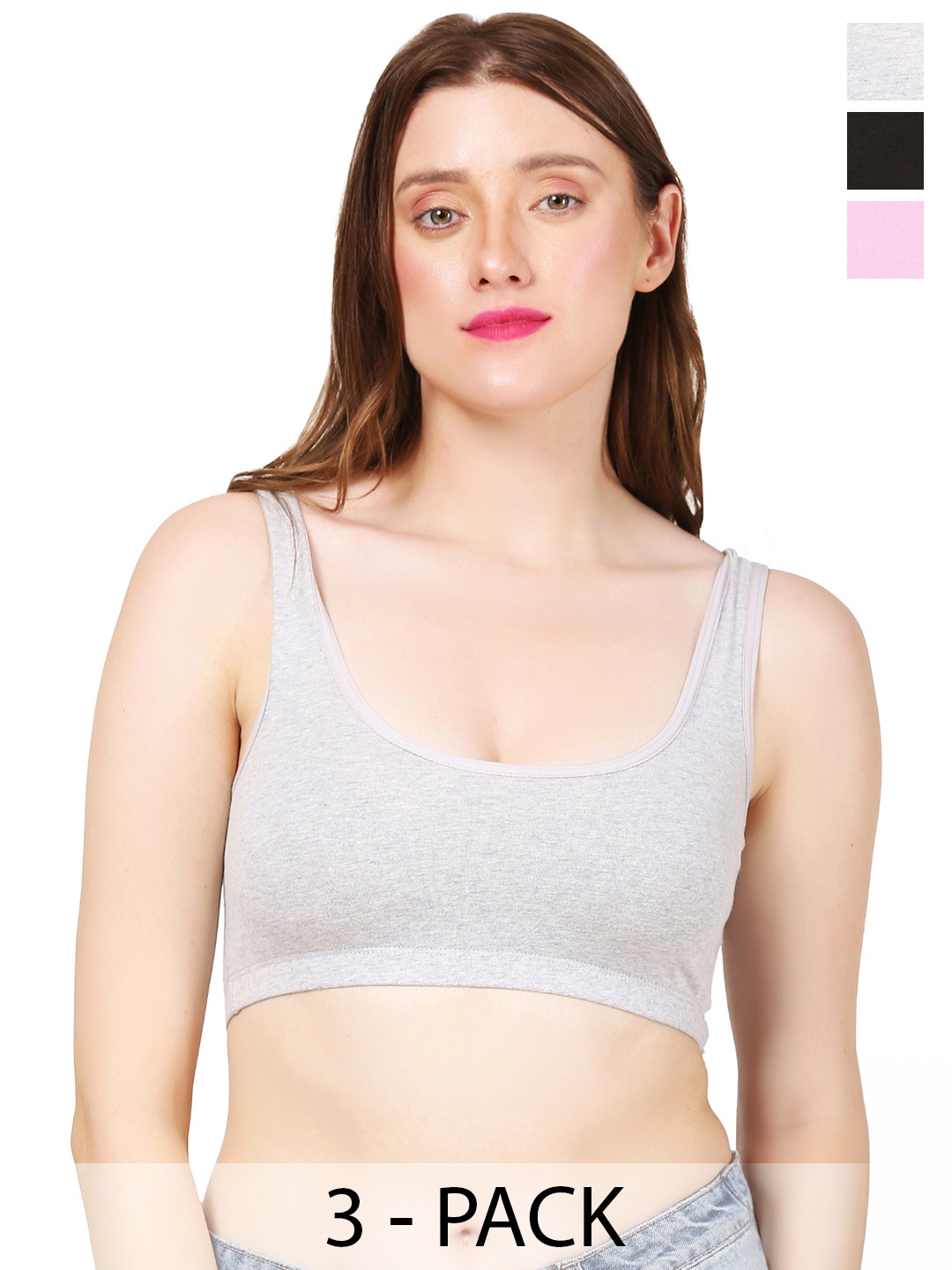 

MYSHA Pack Of 3 Full Coverage Non Padded Dry Fit Workout Bra With All Day Comfort, Grey