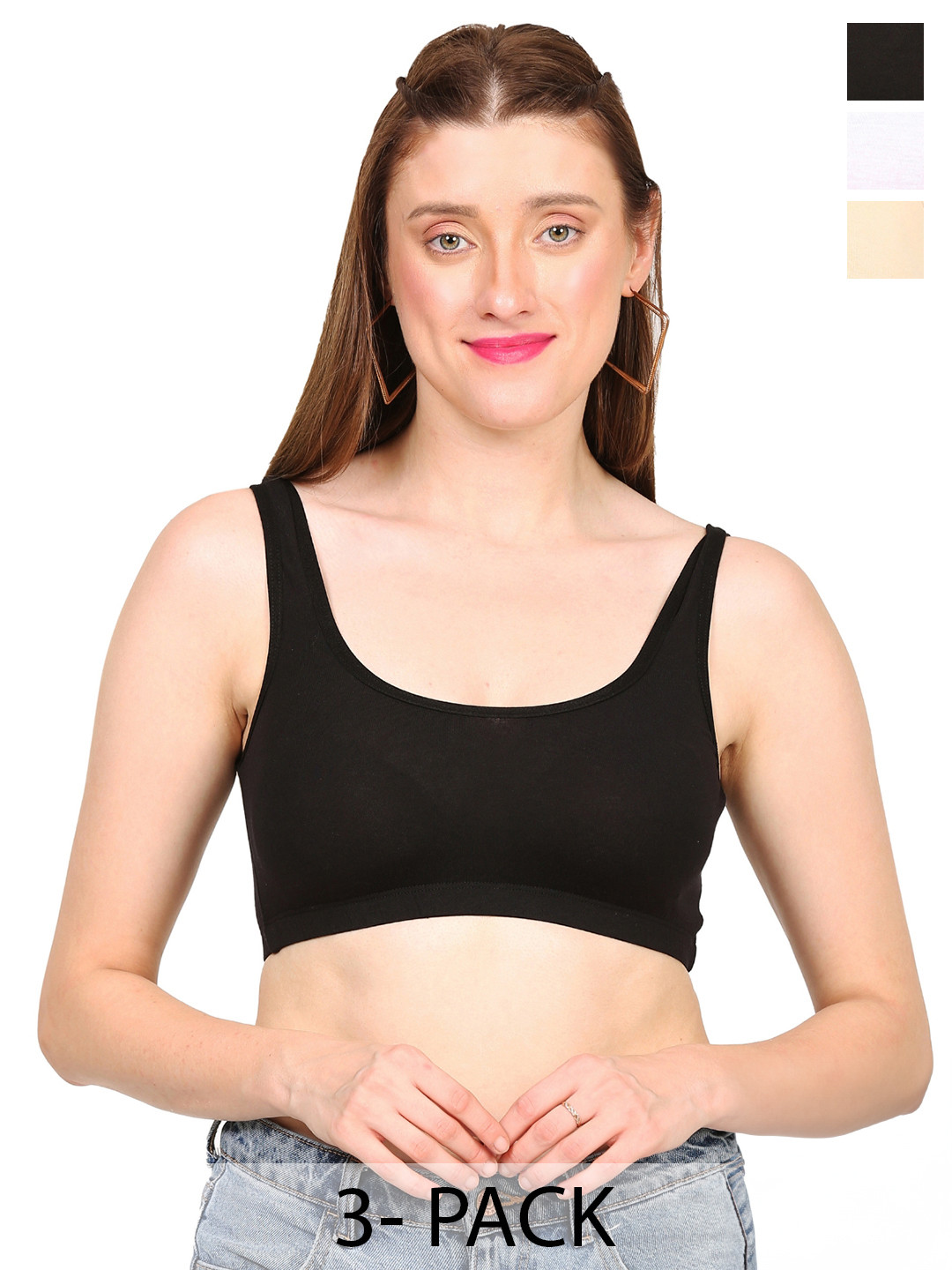 

MYSHA Pack Of 3 Seamless Full Coverage Cotton Workout Bra With All Day Comfort, Black