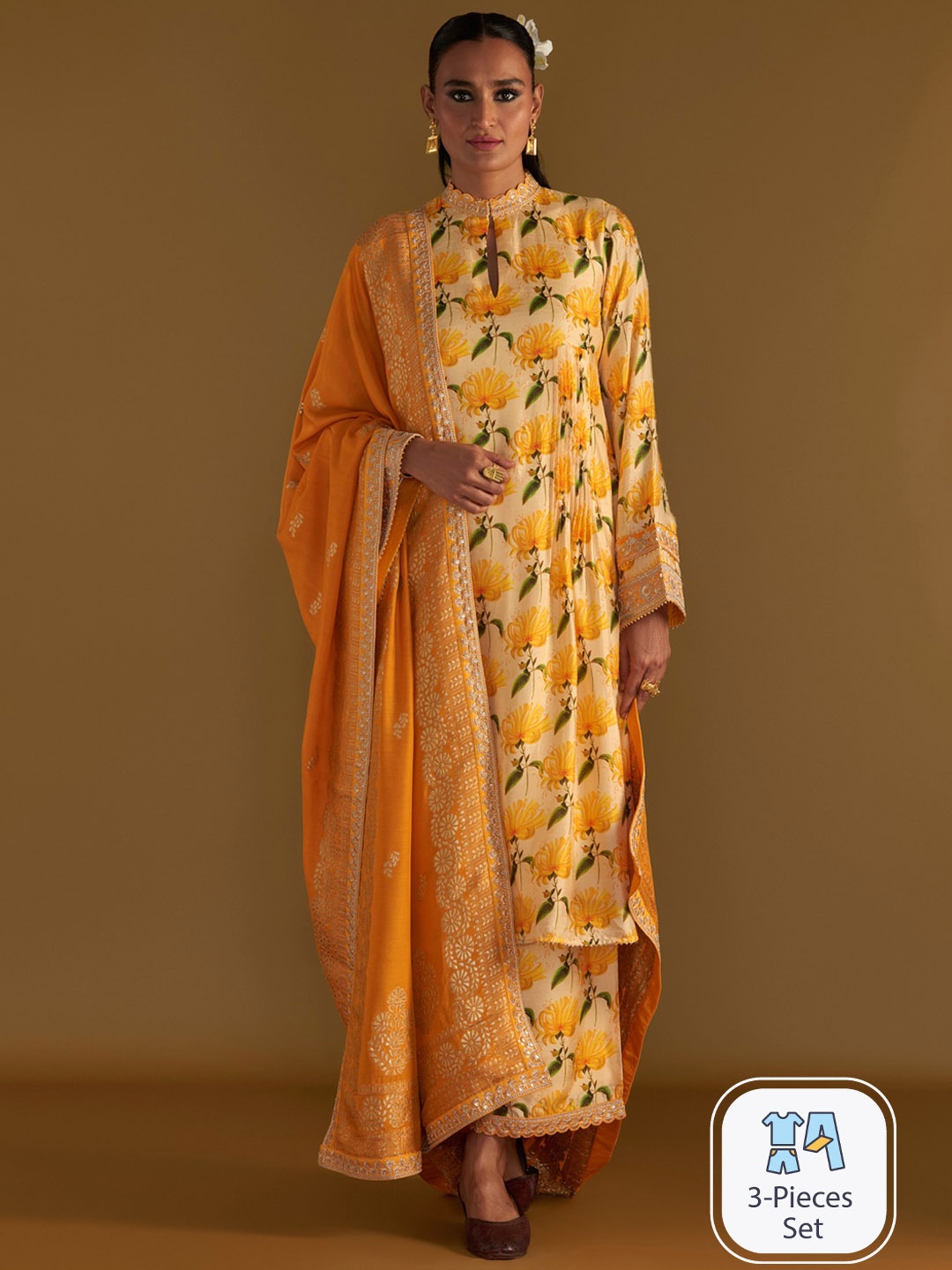 

Masaba Vanilla Mist Culotte Set Raw Silk Kurta With Palazzos & Dupatta, Yellow