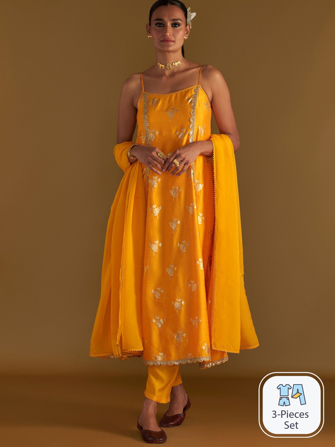 

Masaba Silk Crepe Irisbud Anarkali Kurta With Palazzos & Dupatta, Yellow