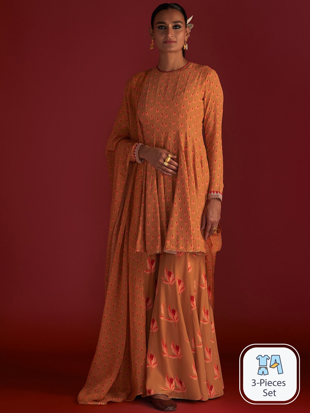 

Masaba Ethnic Motifs Printed Caramel Nectar Cup Sharara Set, Brown