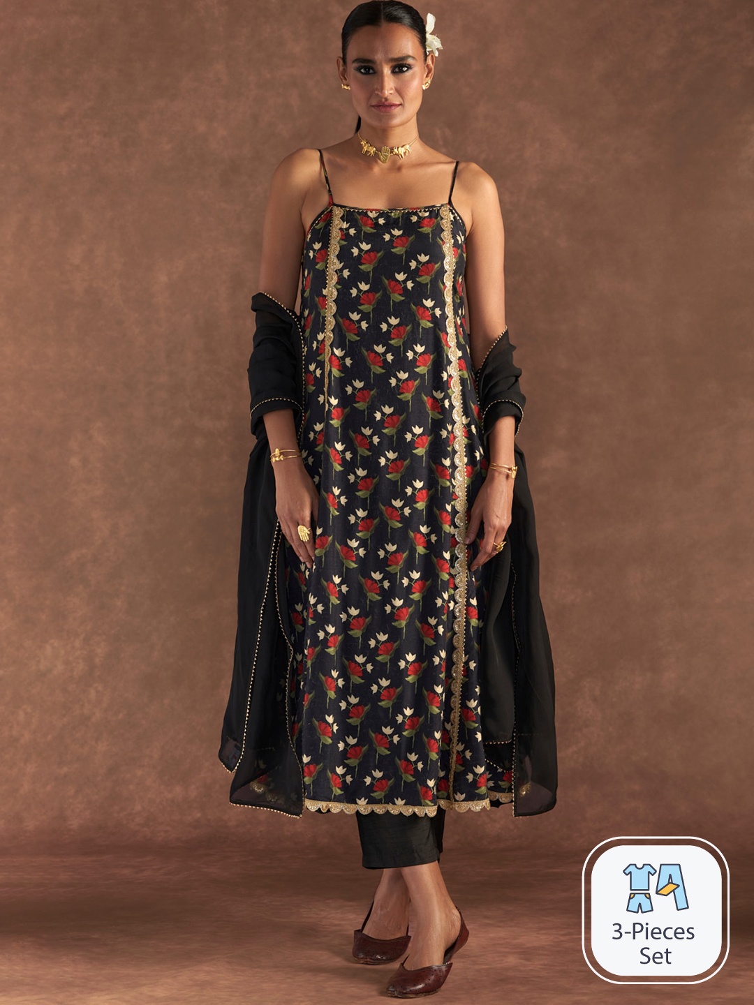 

Masaba Floral Printed Regular Gotta Patti Irisbud Anarkali Kurta With Palazzos & Dupatta, Black