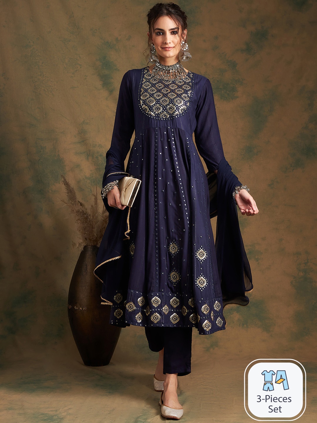 

Sangria Ethnic Motifs Embroidered Mirror Work Anarkali Kurta With Trouser & Dupatta, Blue