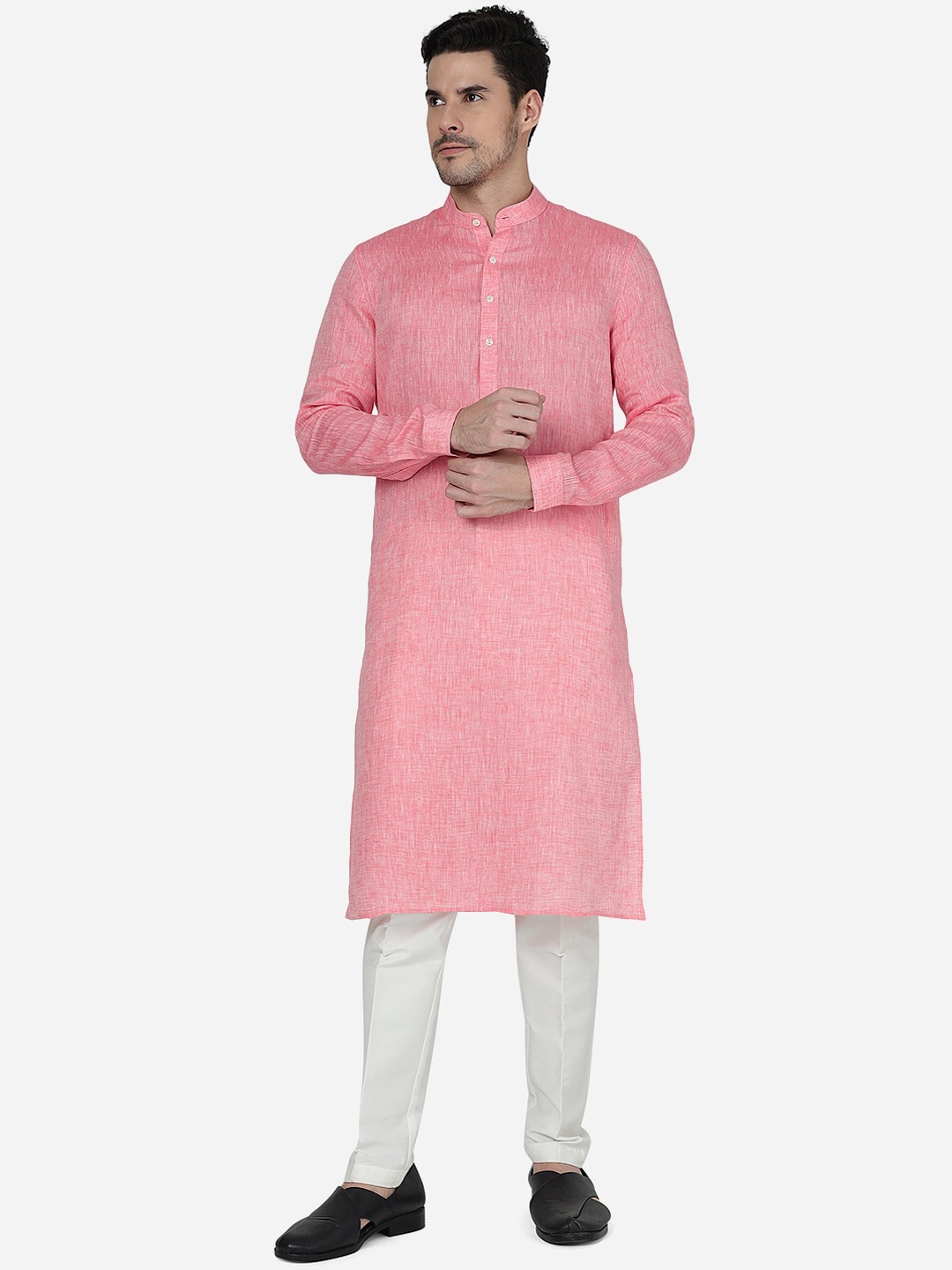 

Modi Kurta Band Collar Regular Straight Linen Kurta, Pink