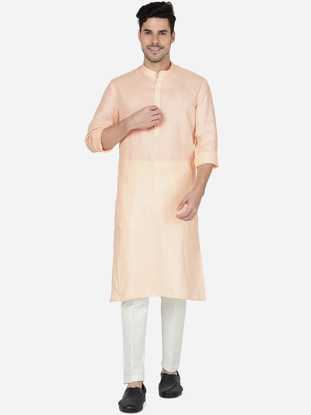 

Modi Kurta Mandarin Collar Linen Straight Kurta, Peach