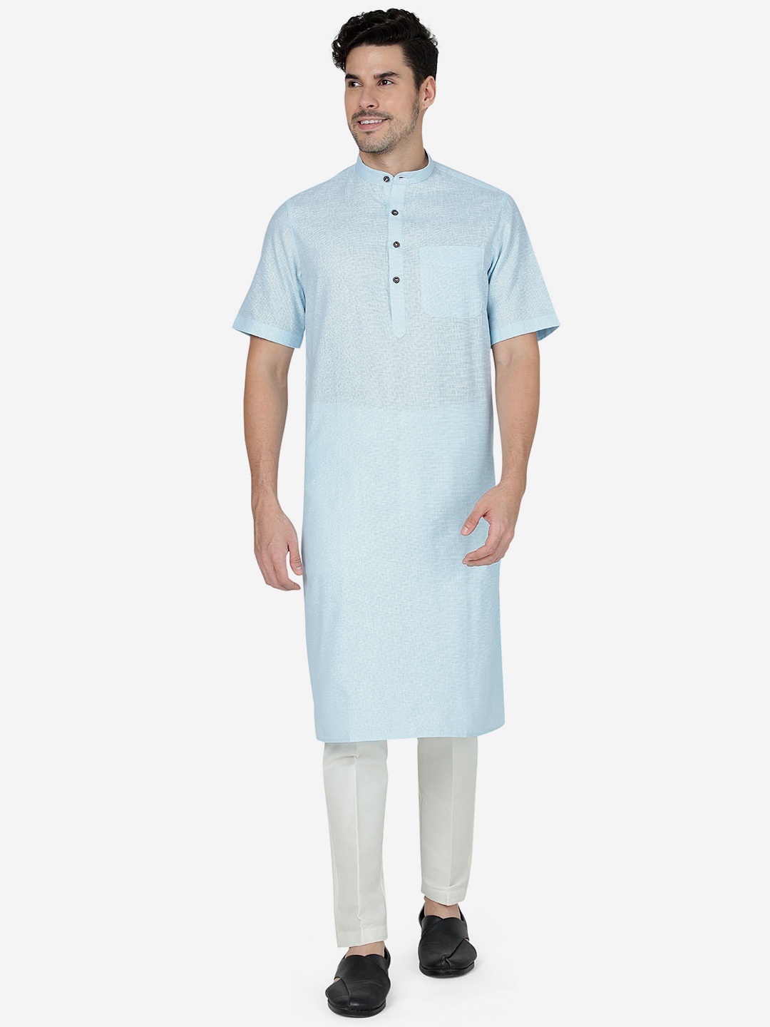 

Modi Kurta Short Sleeves Band Collar Straight Kurtas, Blue