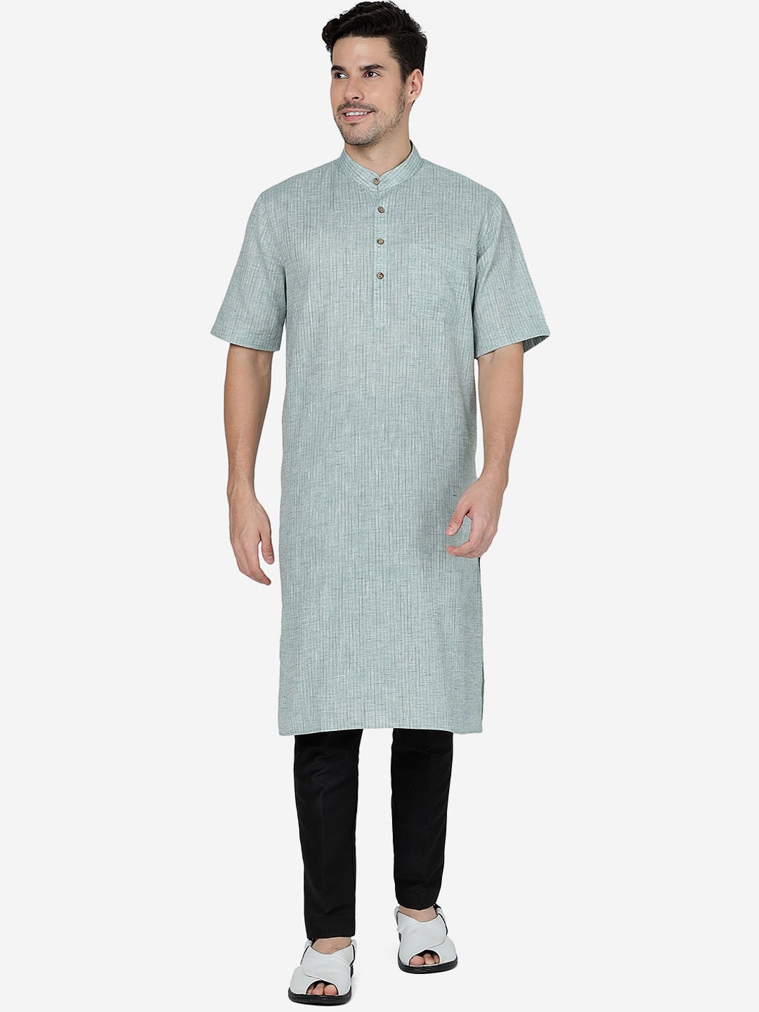 

Modi Kurta Striped Mandarin Collar Kurta, Green