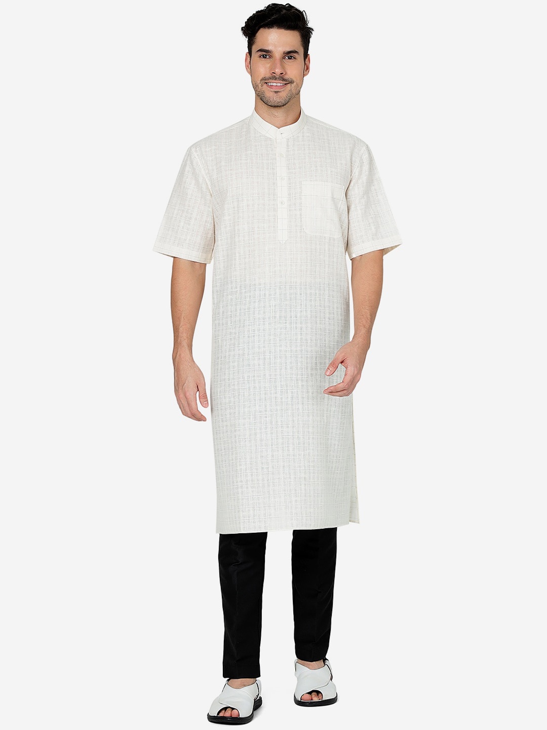 

Modi Kurta Checked Mandarin Collar Kurtas, White