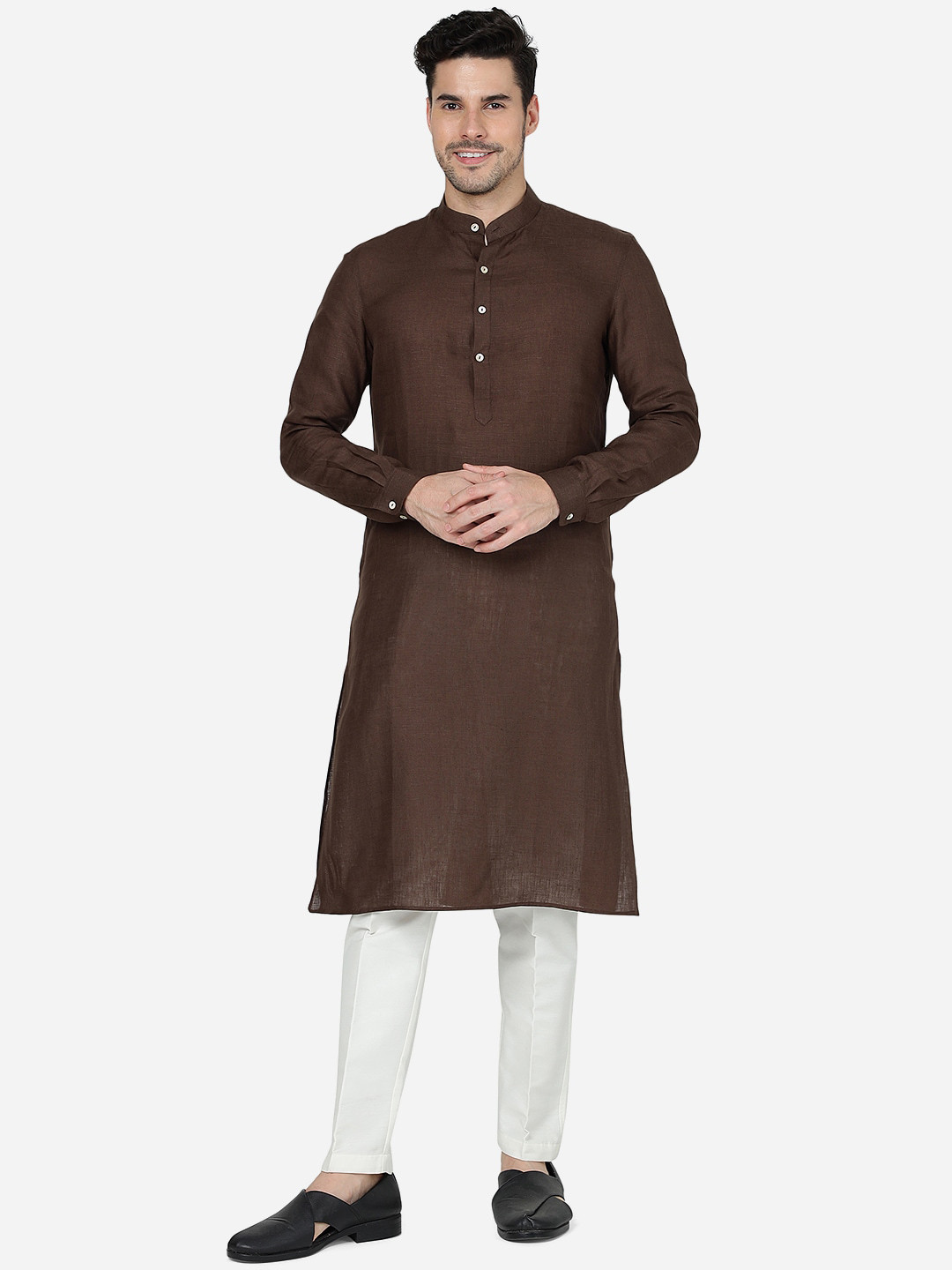 

Modi Kurta Striped Mandarin Collar Kurtas, Brown