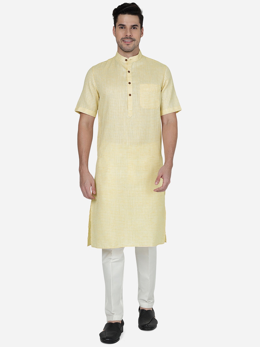 

Modi Kurta Striped Mandarin Collar Short Straight Kurta, Yellow