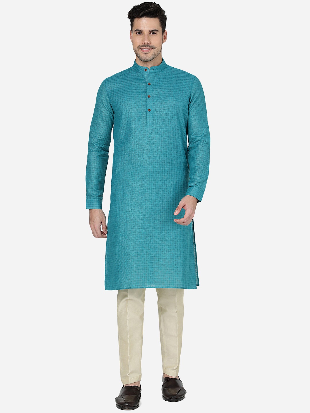 

Modi Kurta Checked Mandarin Collar Long Straight Kurta, Blue