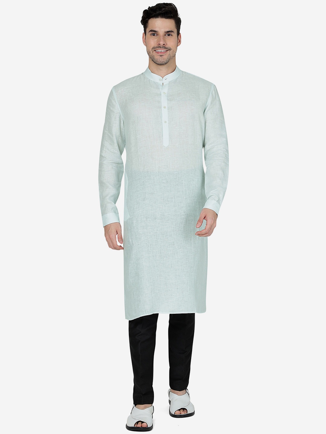 

Modi Kurta Mandarin Collar Linen Straight Kurta, Blue