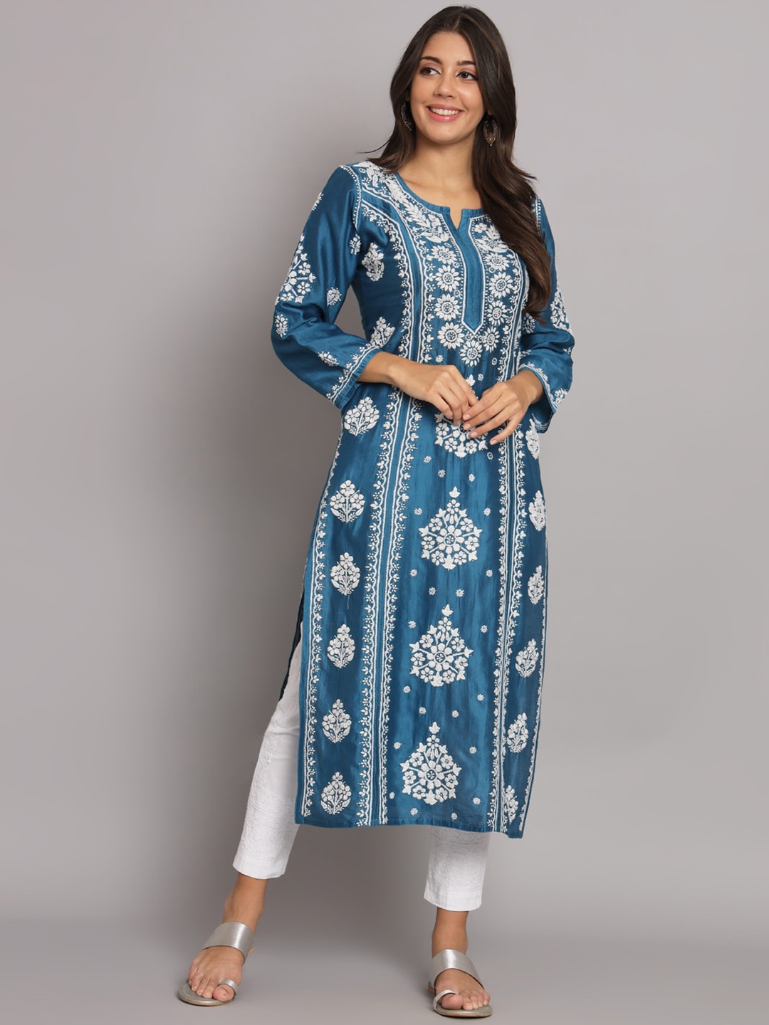 

PARAMOUNT CHIKAN Ethnic Motifs Printed Chanderi Cotton Straight Kurta, Teal