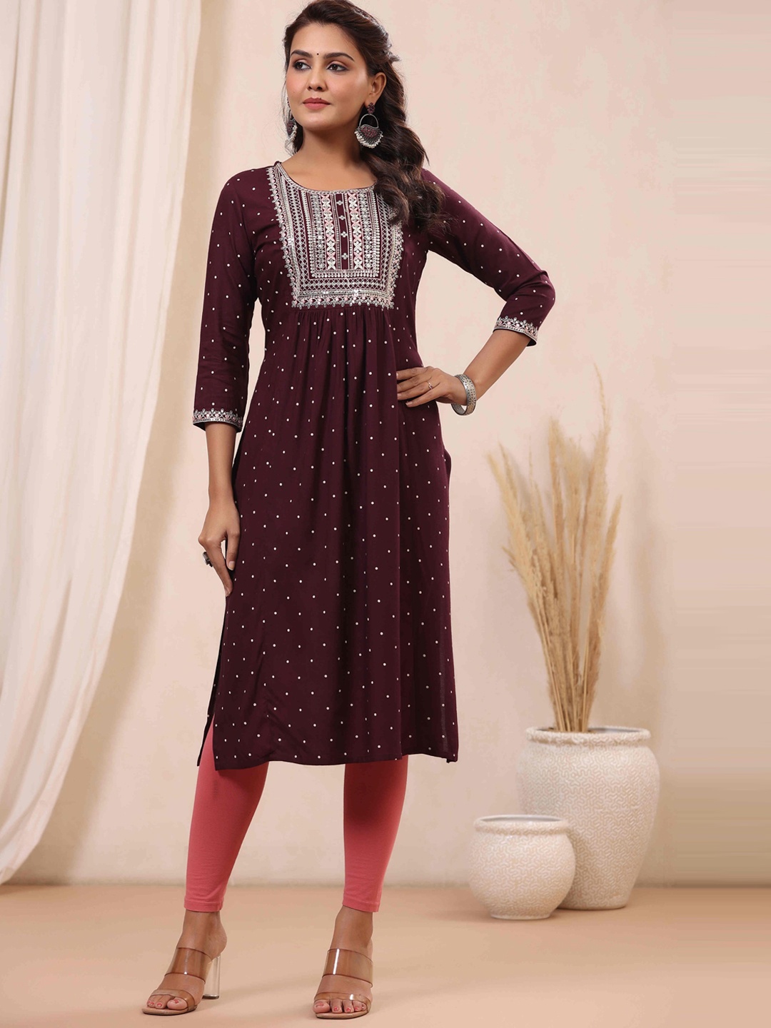 

RAISIN Polka Dots Printed Sequinned Detail A-Line Kurta, Purple