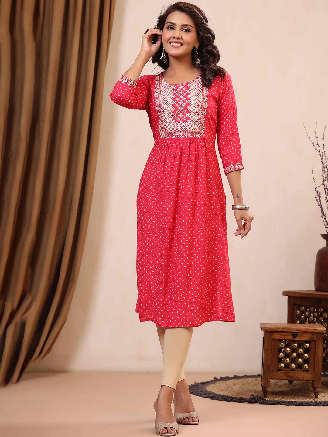 

RAISIN Ethnic Motifs Embroidered Thread Work A-Line Kurta, Peach