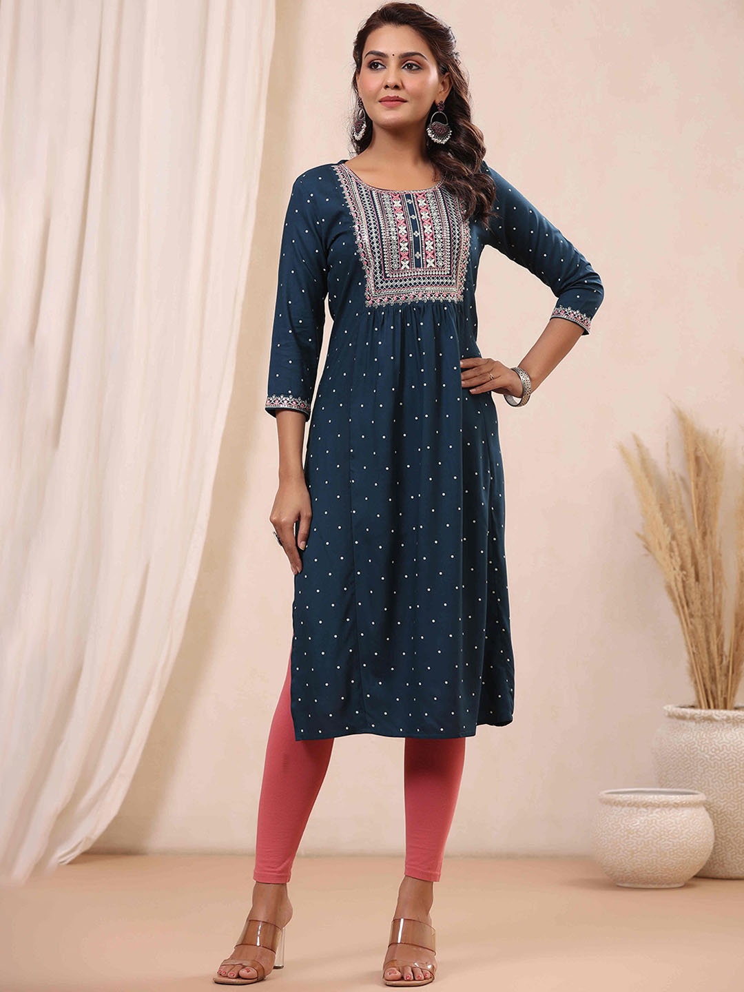 

RAISIN Ethnic Motifs Printed Sequinned Kurta, Navy blue