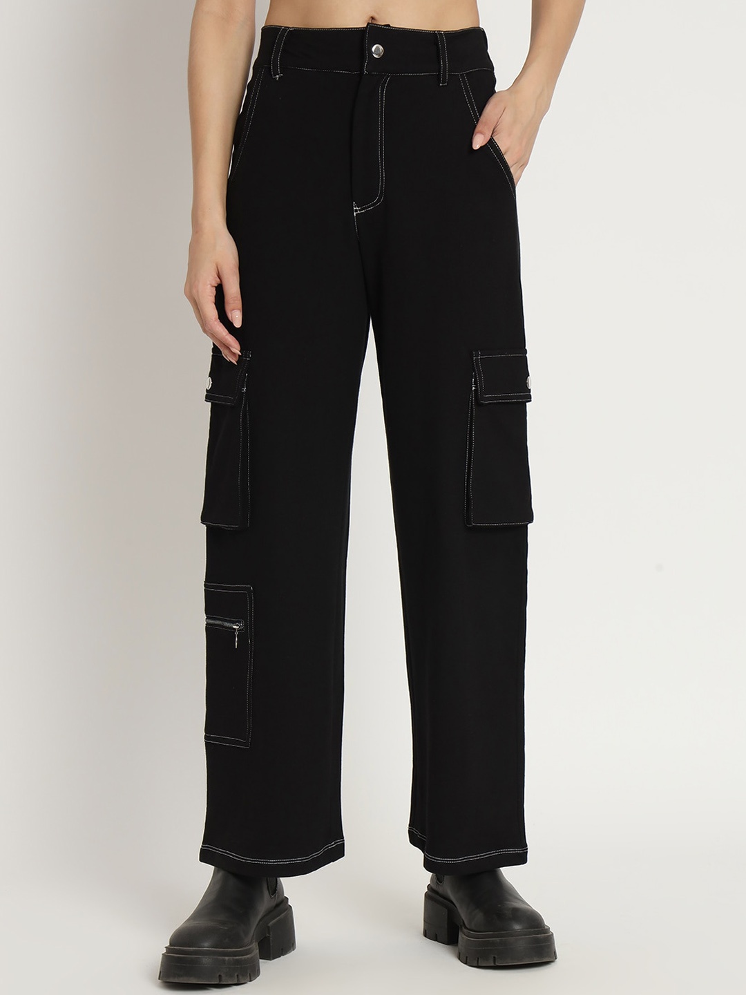 

VividArtsy Women Relaxed Cotton Loose Fit High-Rise Trousers, Black