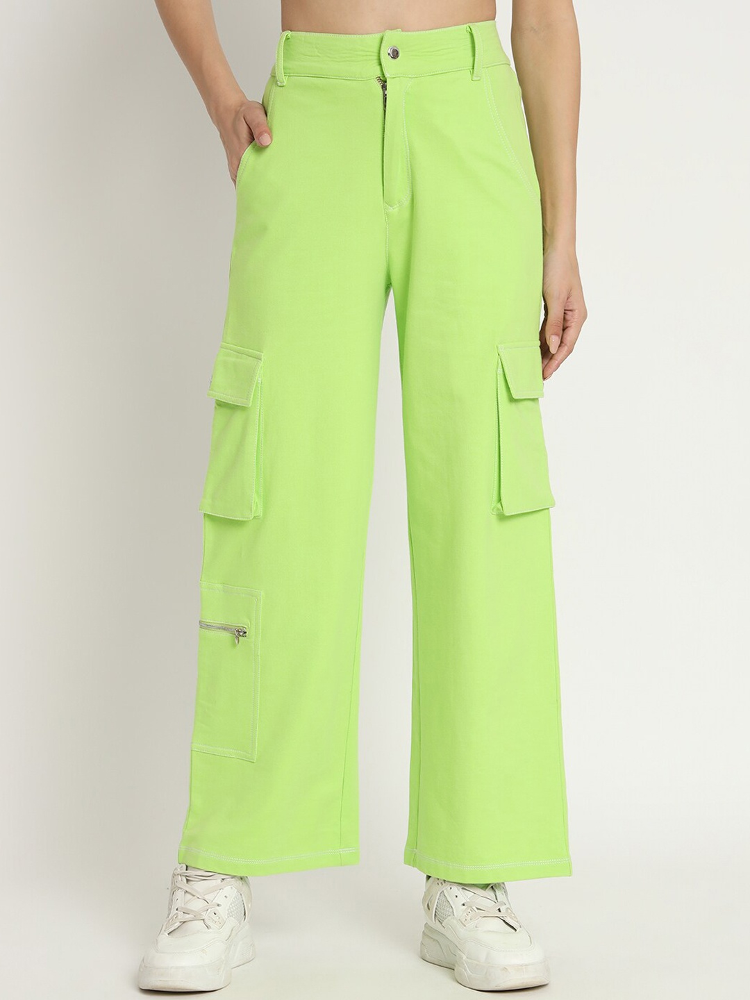 

VividArtsy Women Cotton Relaxed Loose Fit High-Rise Trousers, Lime green