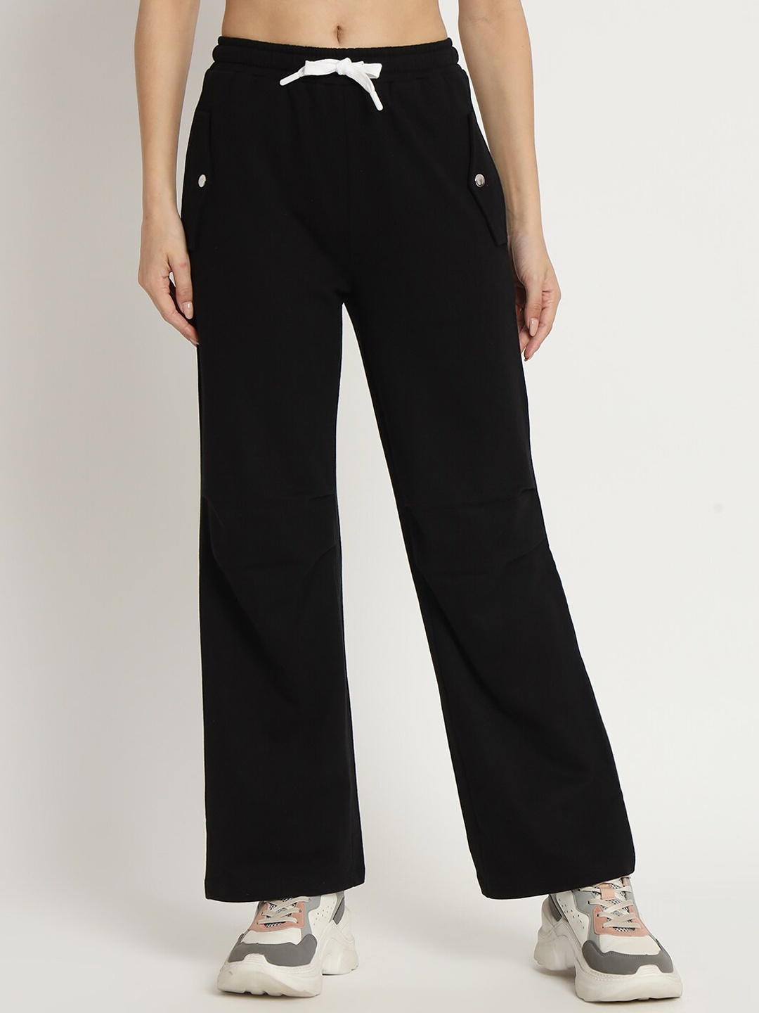 

VividArtsy Women Relaxed Cotton Straight Fit Trousers, Black