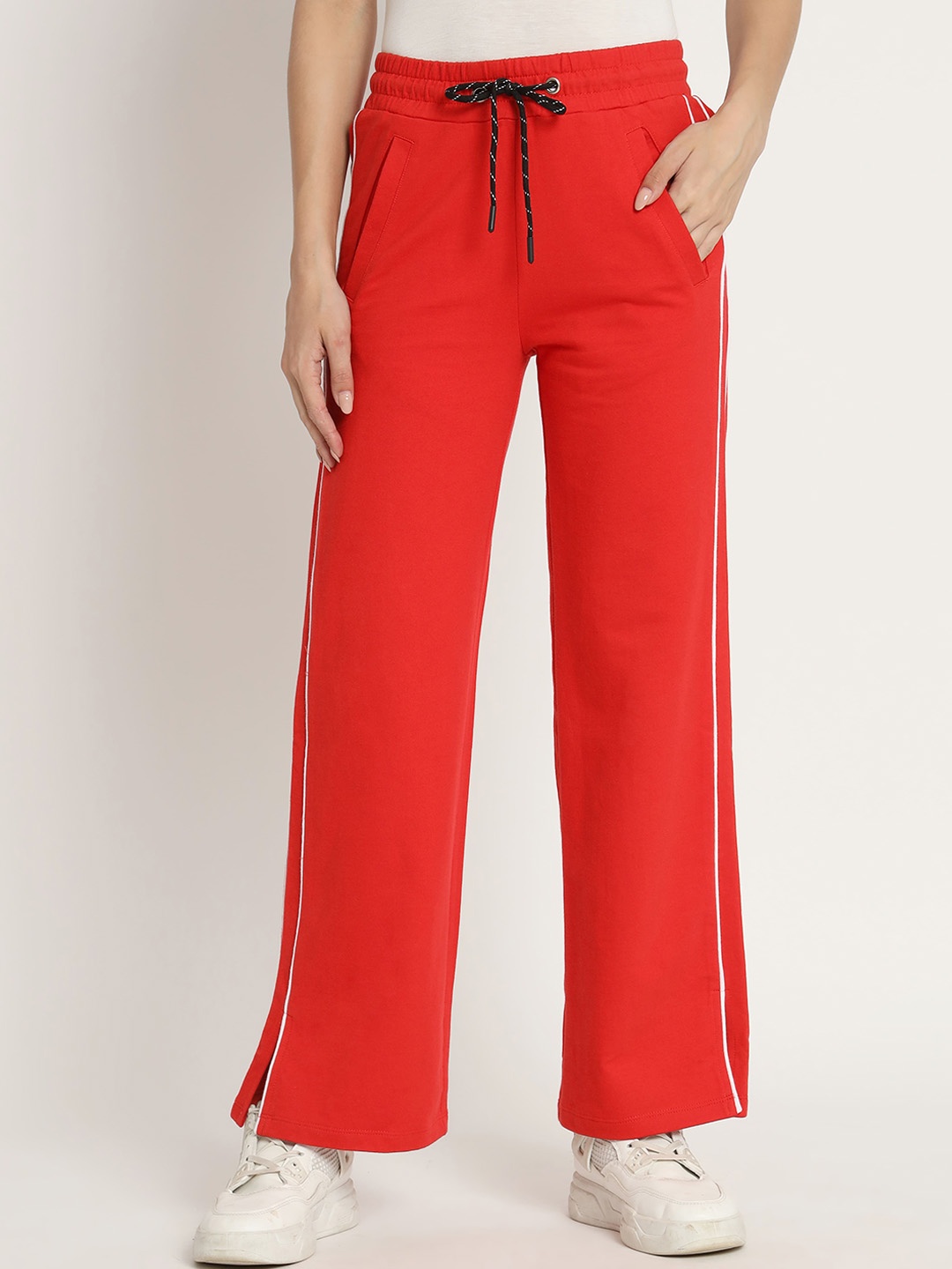 

VividArtsy Women Relaxed Cotton Straight Fit Trousers, Red