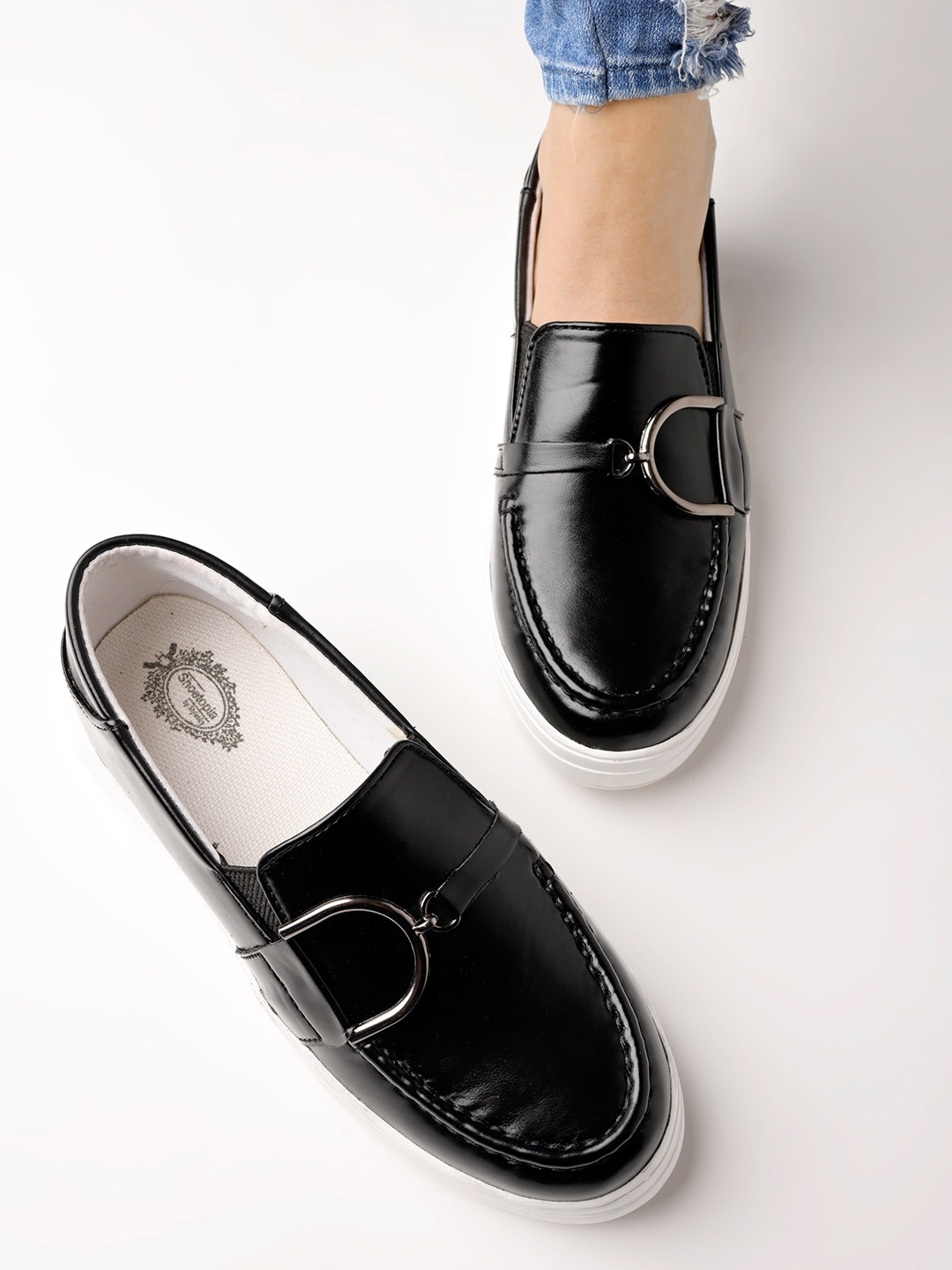 

Shoetopia Girls Lightweight Contrast Sole Loafers, Black