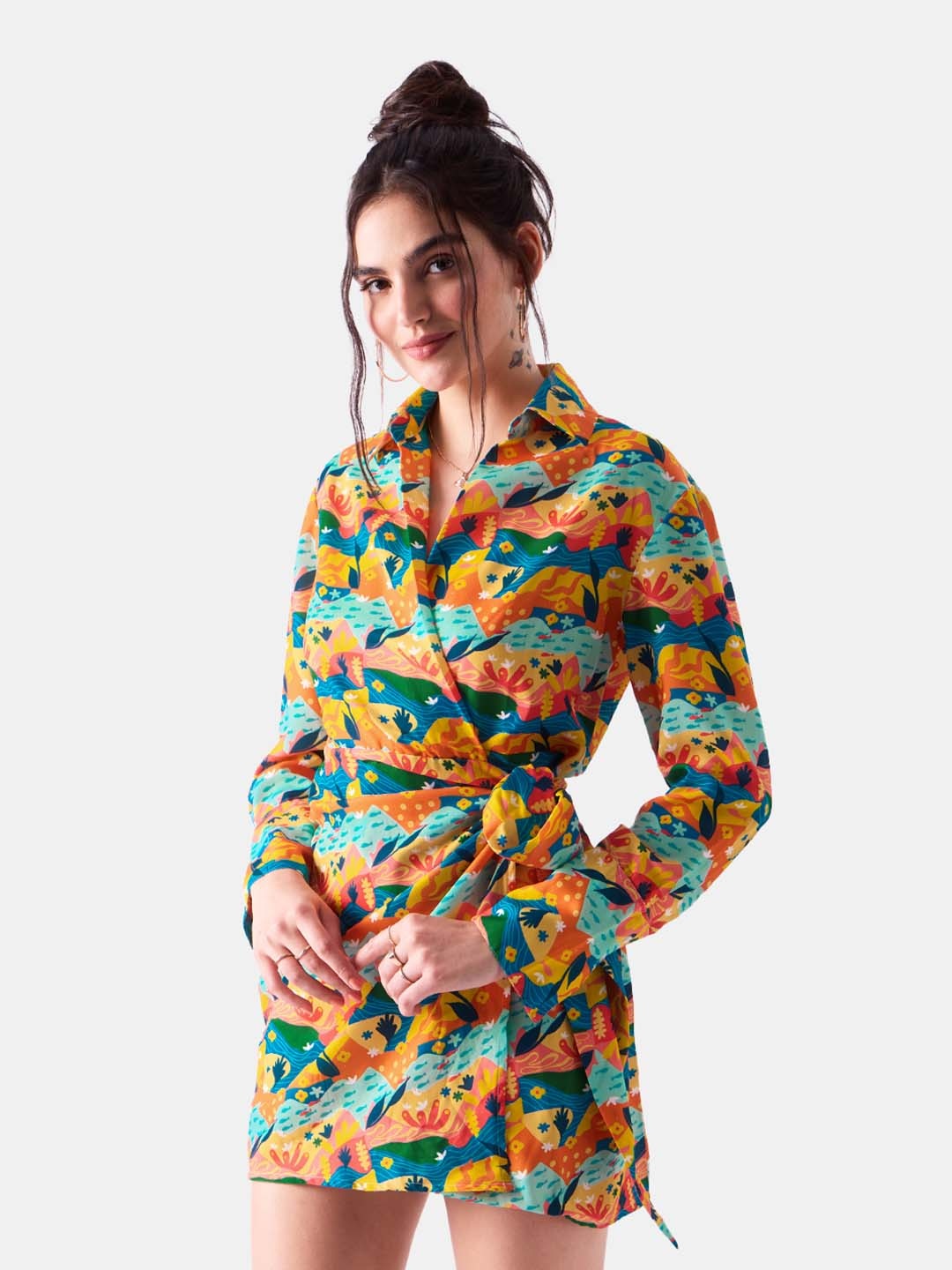 

The Souled Store Orange Conversational Printed Shirt Collar Tie-Up Wrap Dress