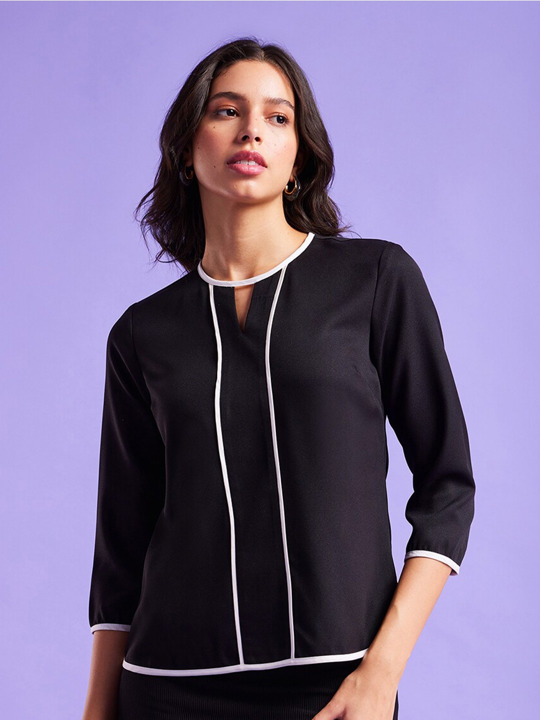

FableStreet Keyhole Neck Regular Top, Black