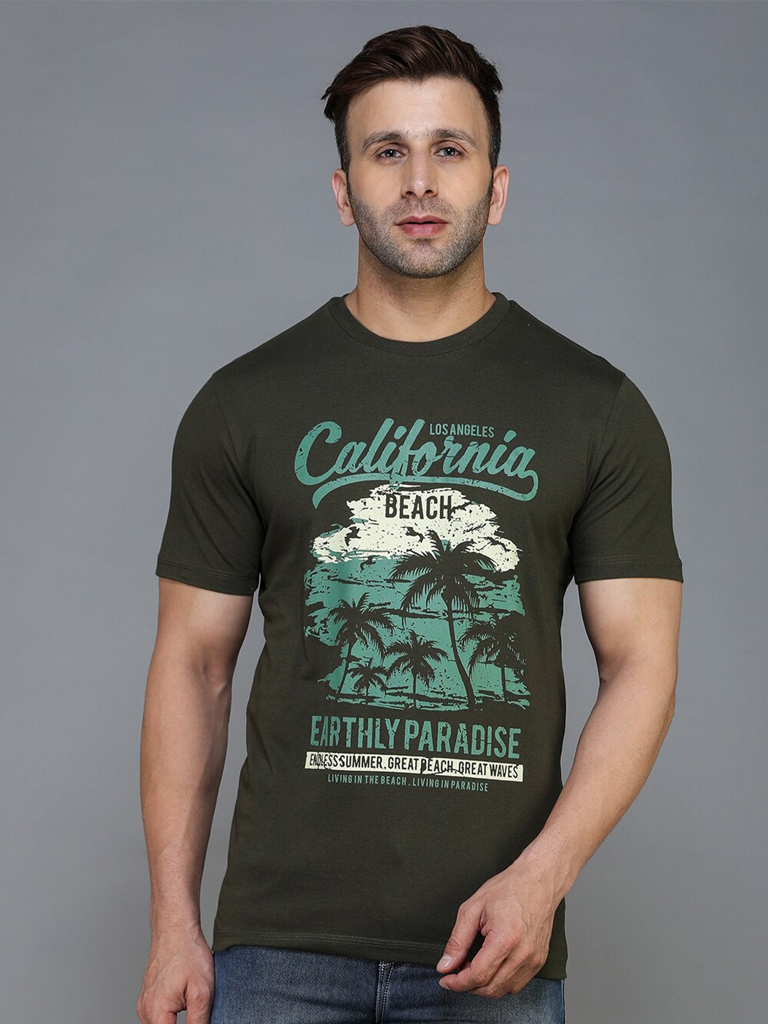 

TQS Typography Printed Regular Fit Pure Cotton Casual T-shirt, Olive