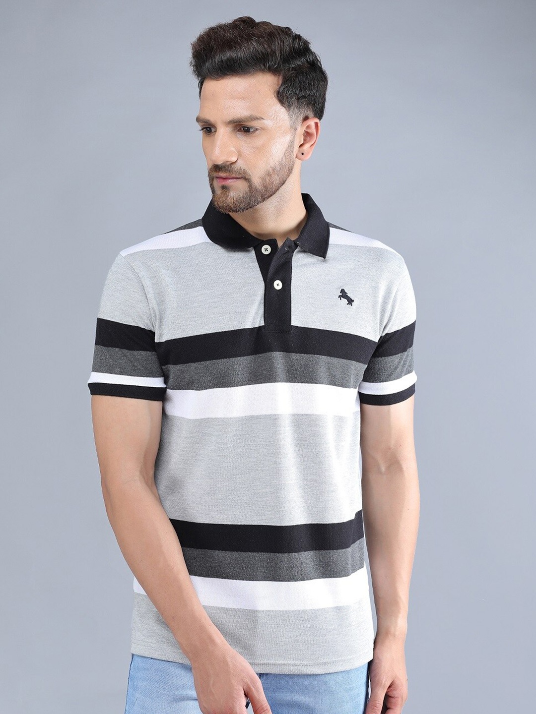 

TQS Striped Polo Collar Slim Fit Cotton Casual T-Shirt, Black
