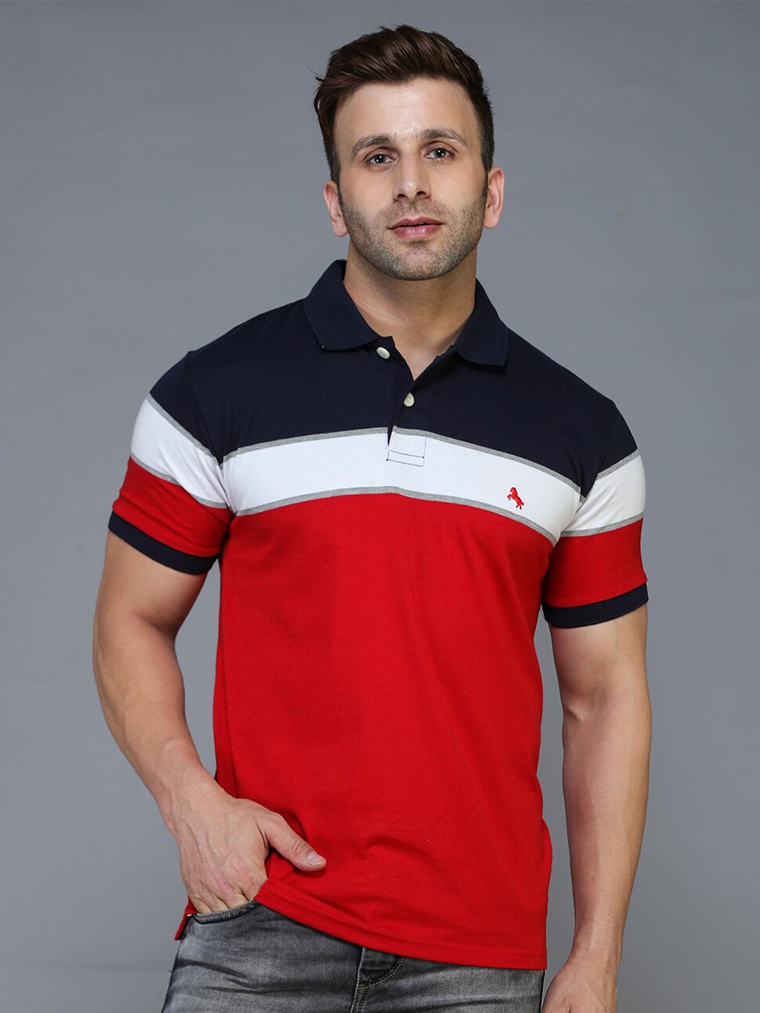

TQS Striped Polo Collar Cotton T-shirt, Red