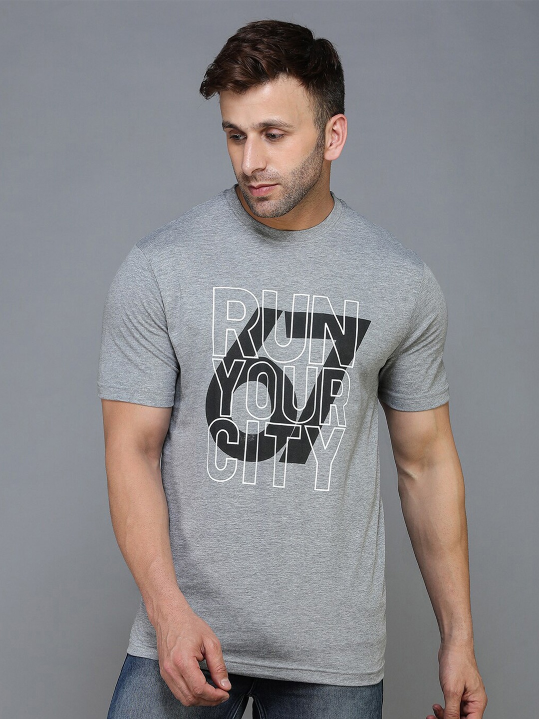 

TQS Men Typography Printed Slim Fit Pure Cotton Casual T-shirt, Grey melange