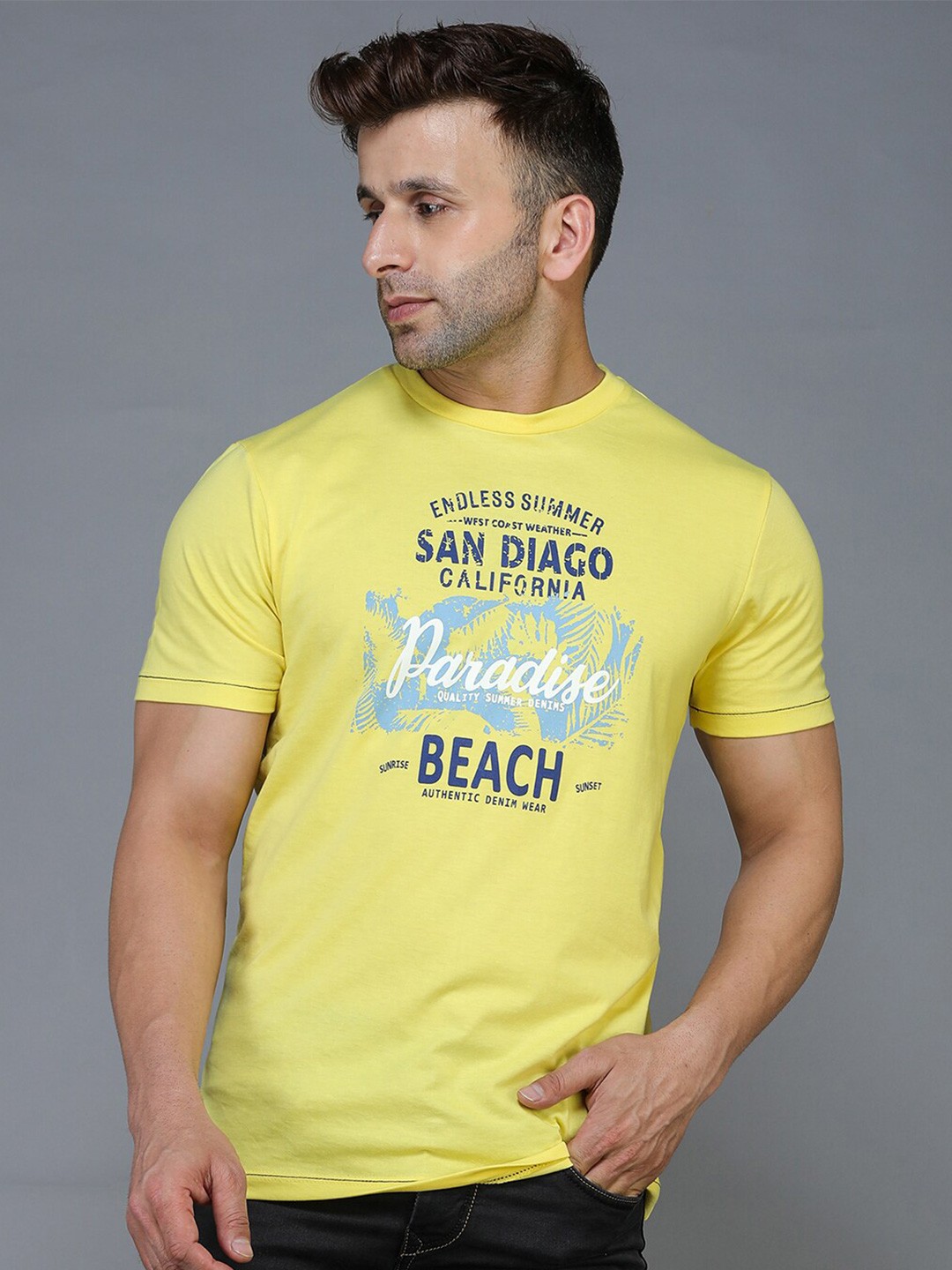 

TQS Typography Printed Regular Fit Cotton T-Shirt, Yellow