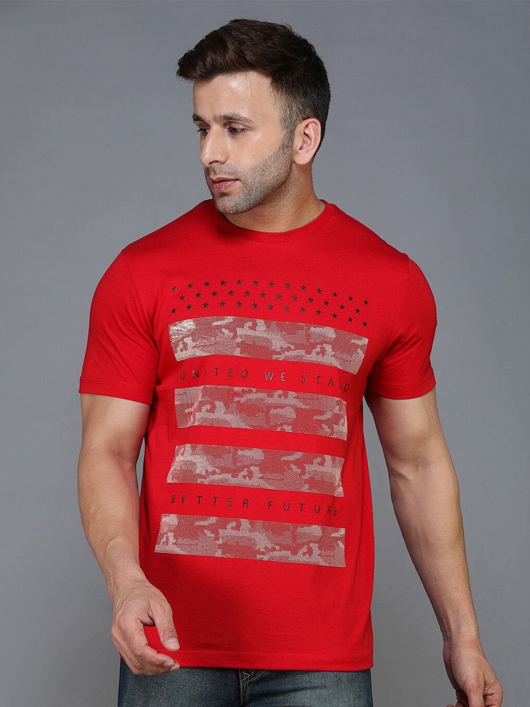

TQS Men Red Typography Printed Regular Fit Cotton Casual T-shirt