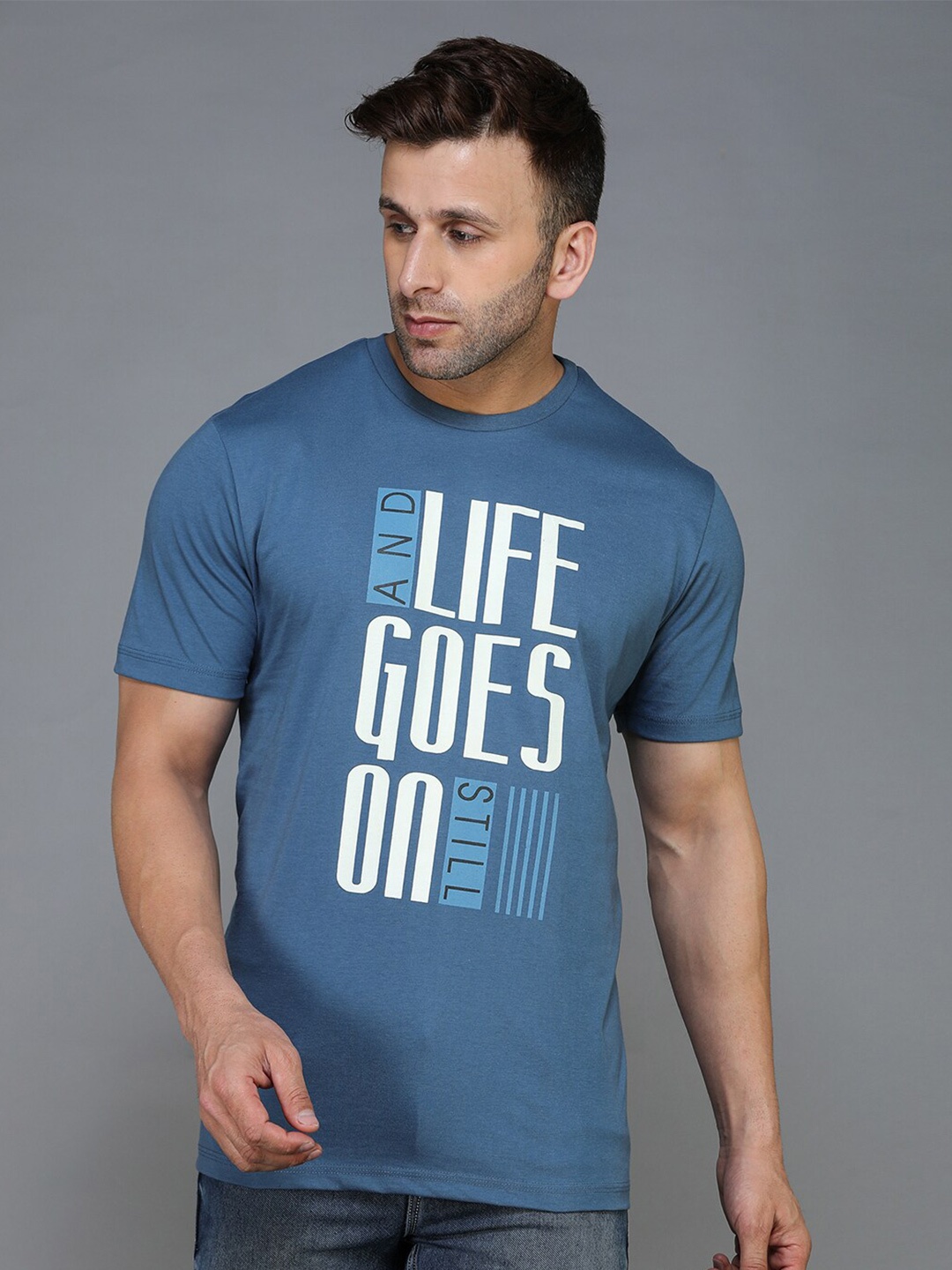 

TQS Men Red Typography Printed Regular Fit Cotton Casual T-shirt, Blue
