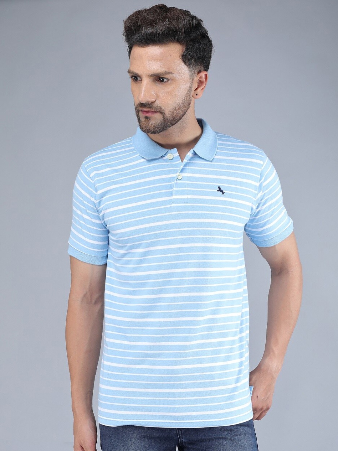 

TQS Striped Polo Collar Slim Fit Pure Cotton T-Shirt, Blue