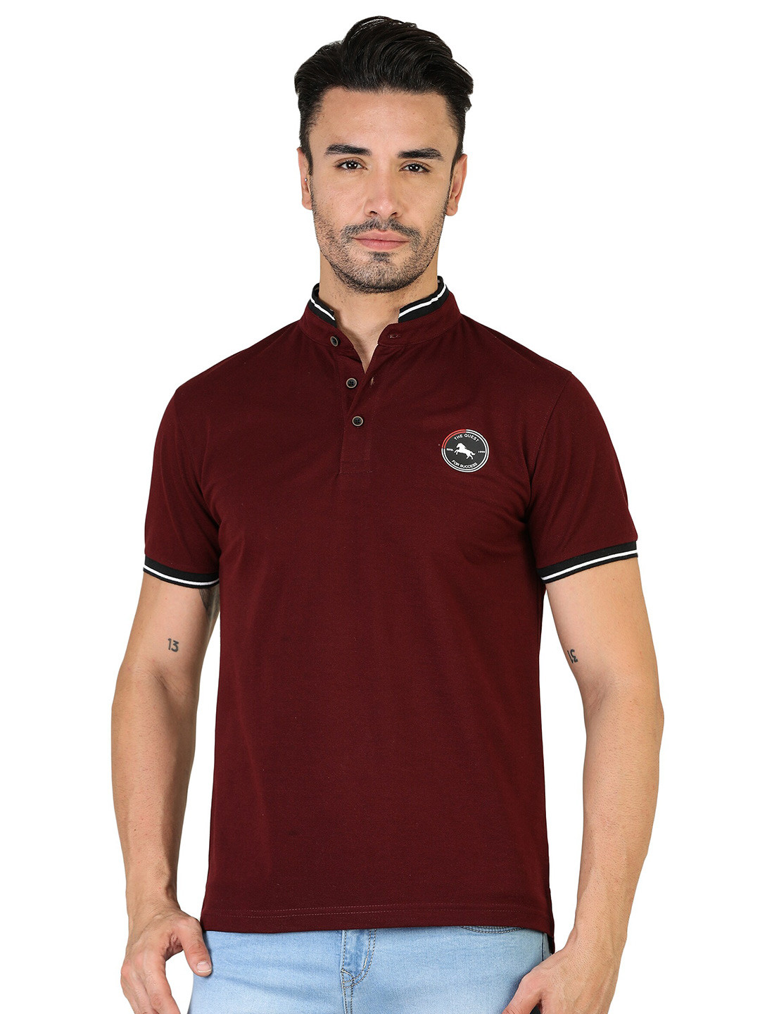 

TQS Band Collar Slim Fit Cotton T-Shirt, Maroon