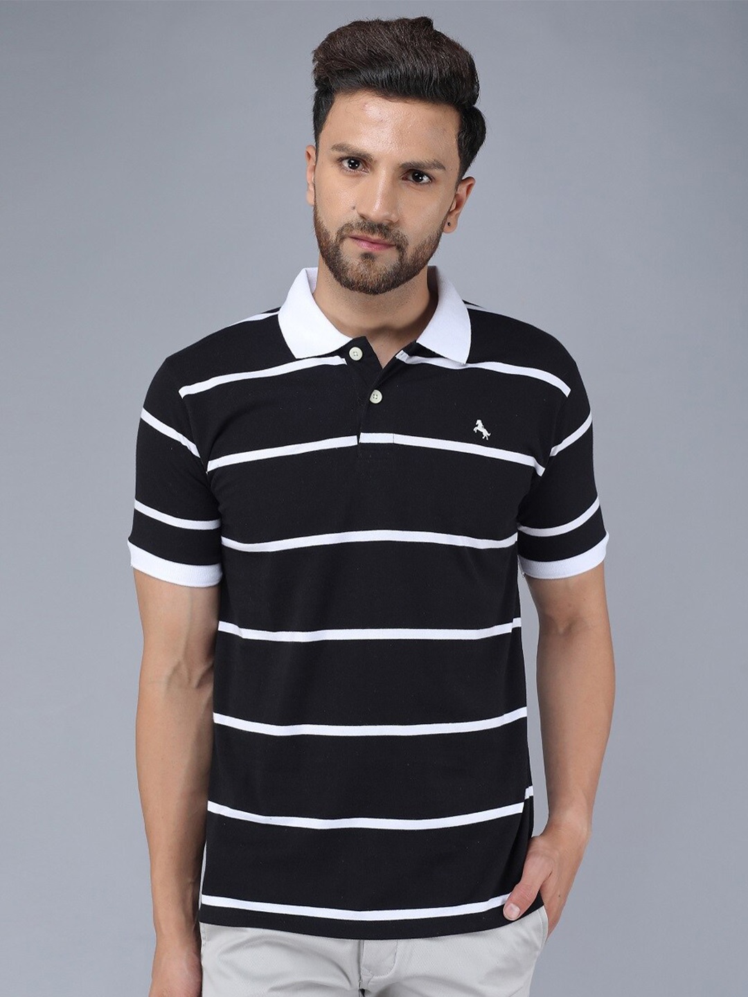 

TQS Striped Polo Collar Slim Fit Cotton T-Shirt, Black