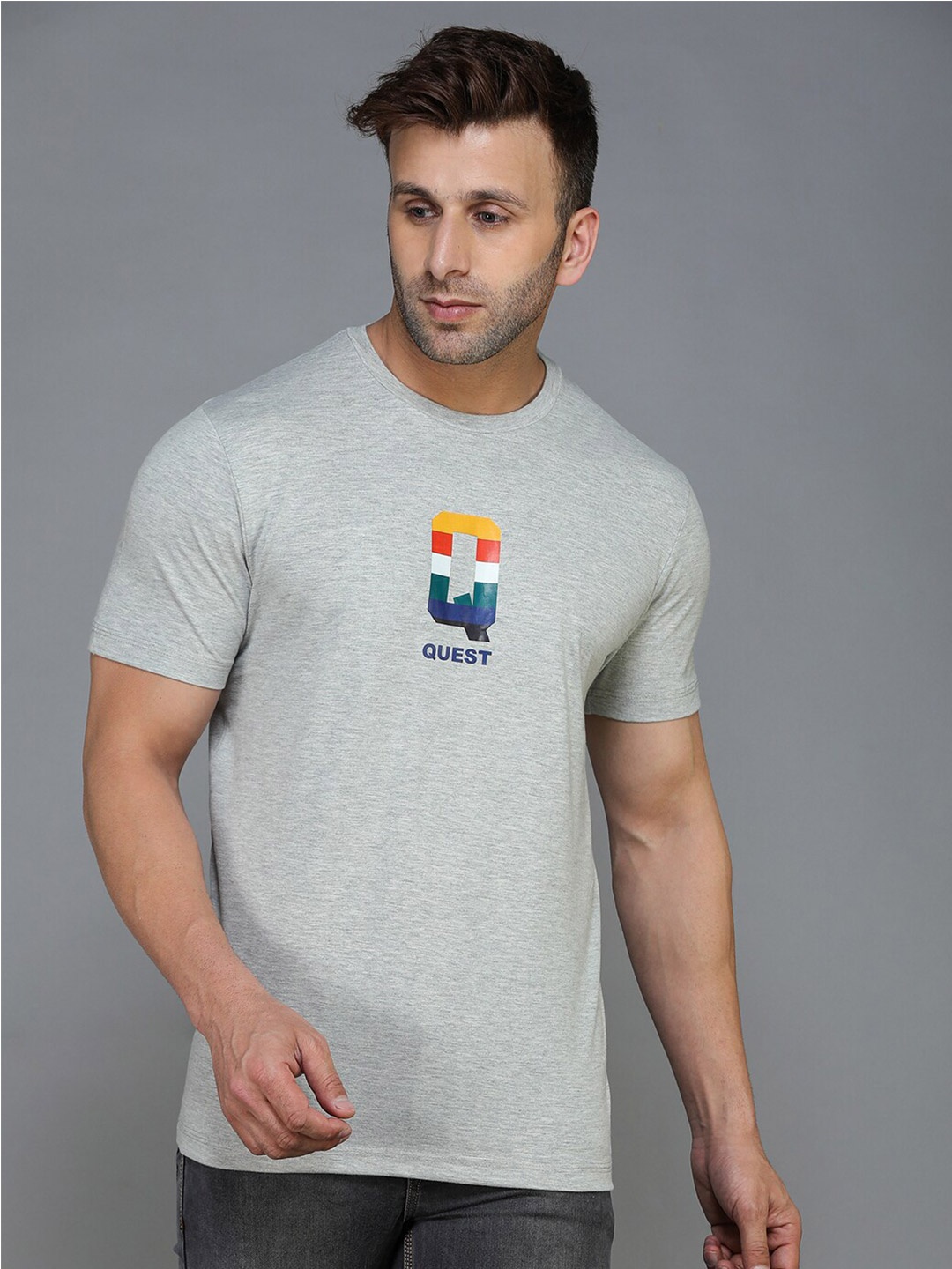 TQS Typography Printed Cotton T-shirt, Grey melange