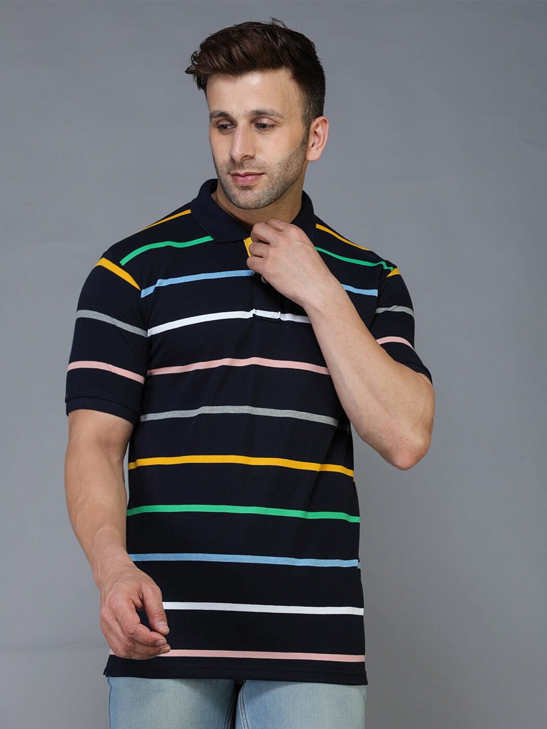 

TQS Striped Polo Collar Regular Fit Cotton T-Shirt, Navy blue