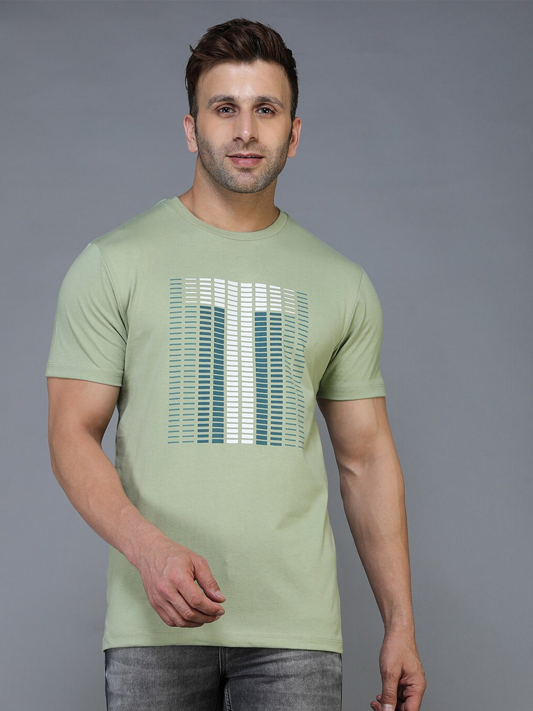 

TQS Geometric Printed Regular Fit Pure Cotton Casual T-shirt, Olive