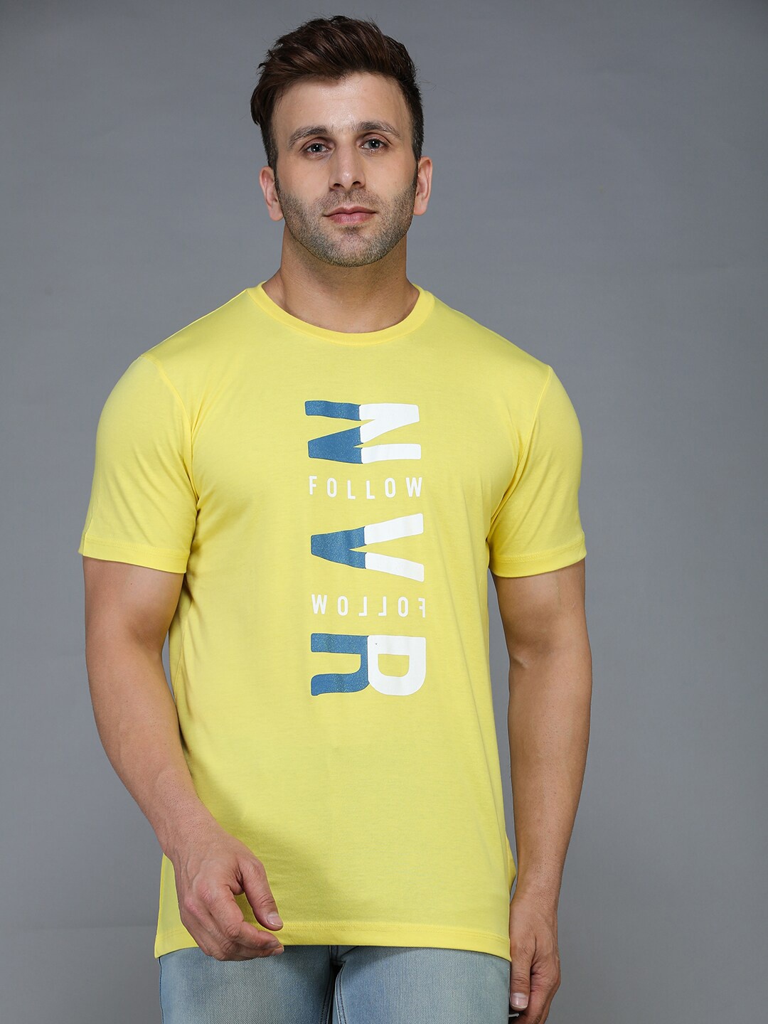 

TQS Typography Printed Regular Fit Round Neck Cotton Casual T-Shirt, Yellow