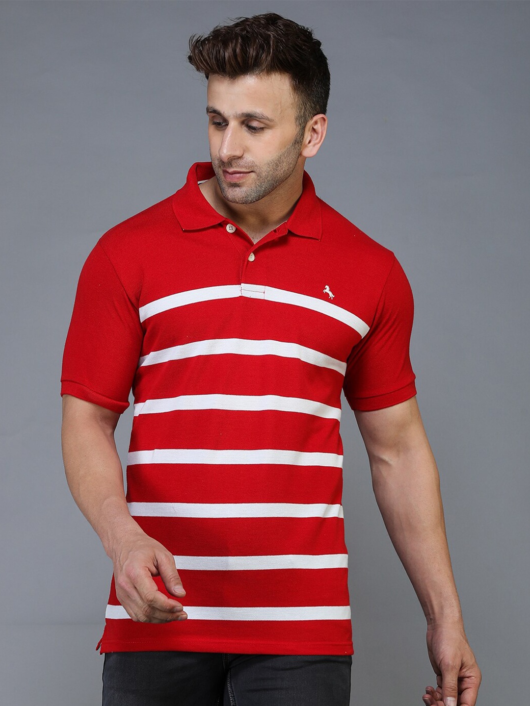 

TQS Striped Polo Collar Regular Fit Cotton T-Shirt, Red